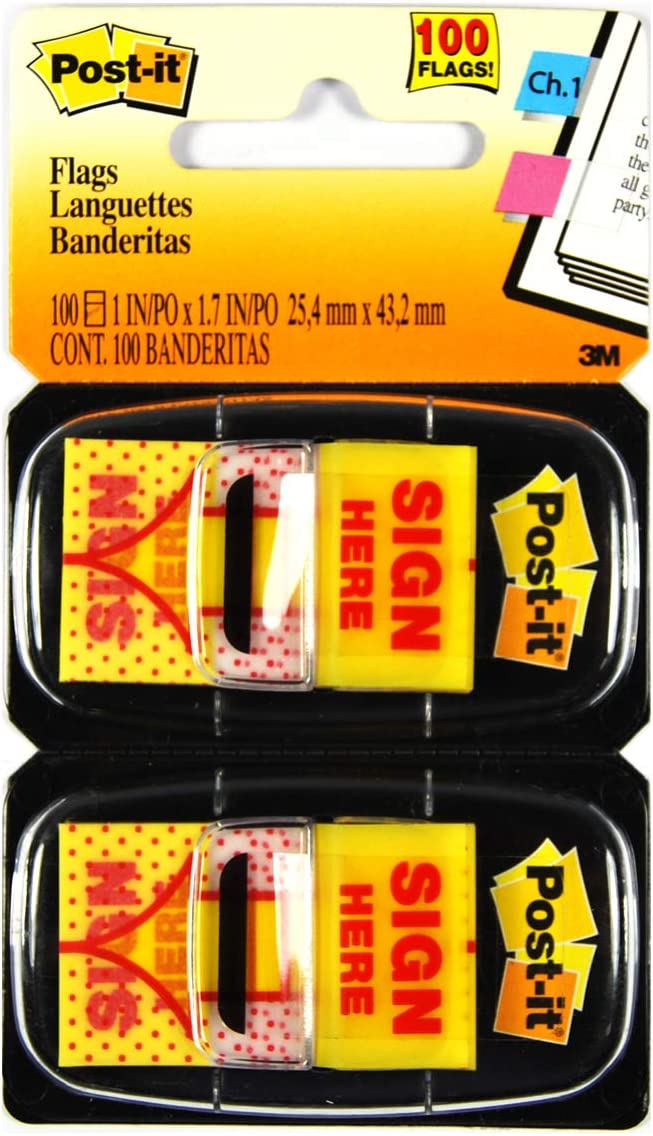 Post-it Message Flags, "Sign Here", 50/Dispenser, 2 Dispensers/Pack, 1 in Wide, Yellow (680-SH2)