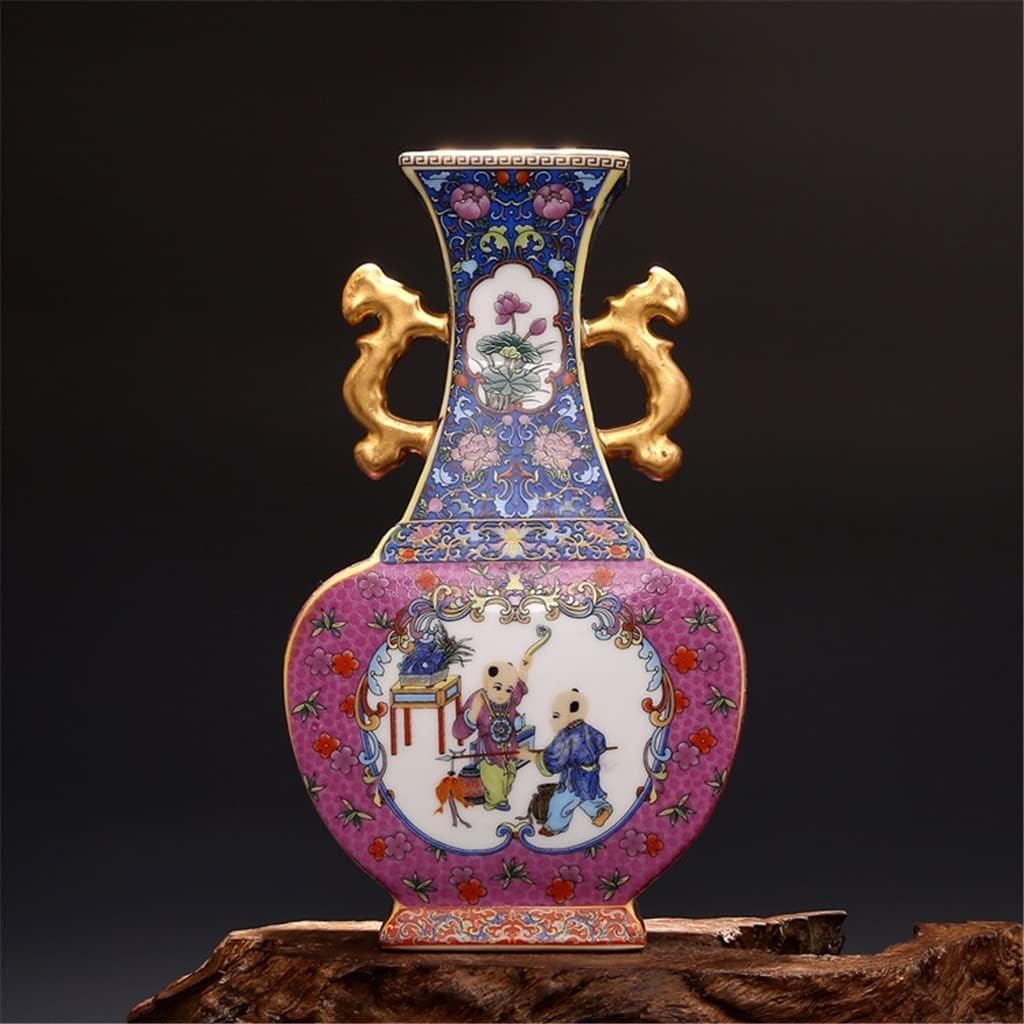 ZSEDP Jingdezhen Ceramic Antique China Porcelain Double Eeared Enameled Square Flat Vase