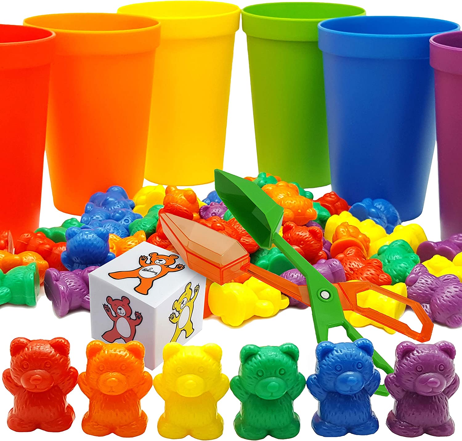 Skoolzy Rainbow Counting Bears Toddler Toys For 3 Year Old Gifts Stocking Stuffers, Sorting Cups, Montessori Sensory Toys, 1 Preschool Learning Activities Math Games Dice Toy, Montessori Tongs, 2 Bags