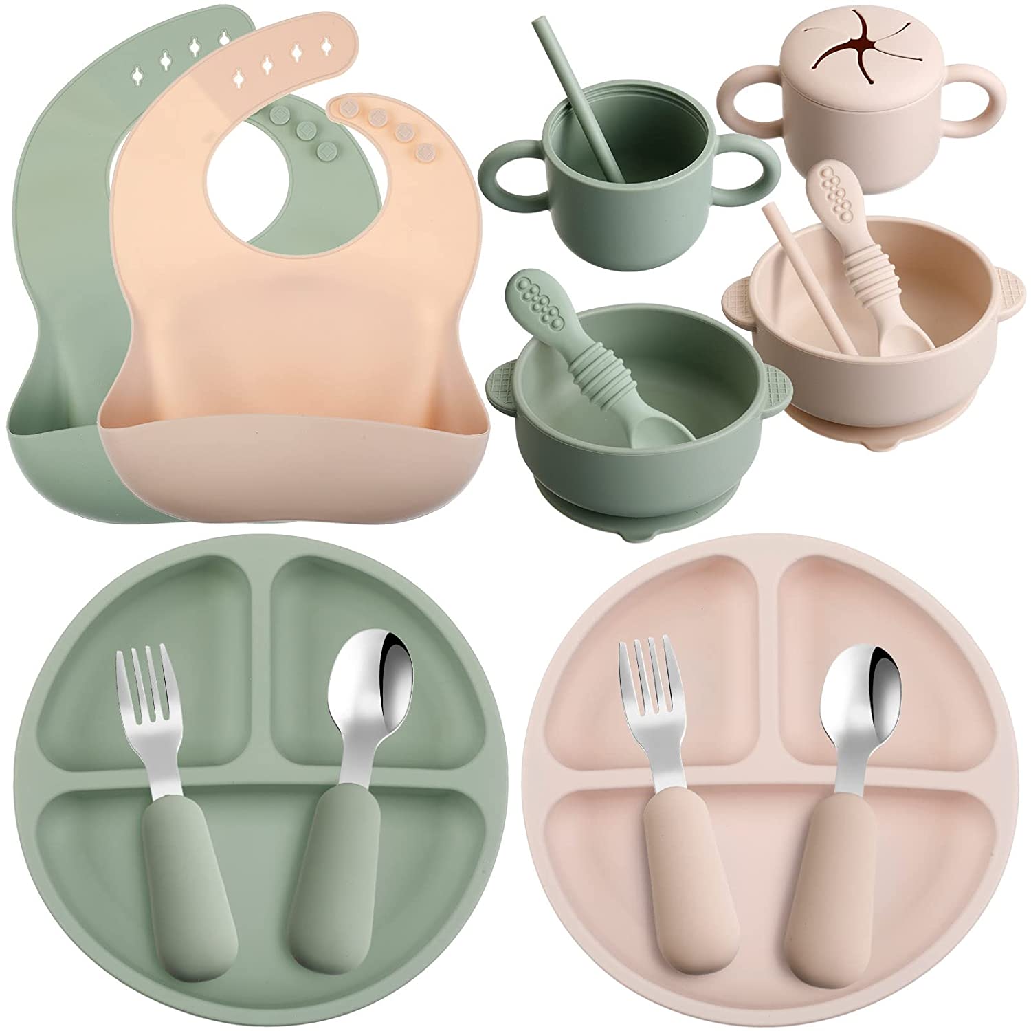 16 Pcs Silicone Baby Feeding Set Baby Led Weaning Supplies Baby Eating Supplies Utensils with Divided Silicone Suction Plates Adjustable Bib Bowl Cutlery Snack Cup Spoons Straw Green Beige 6 Months+