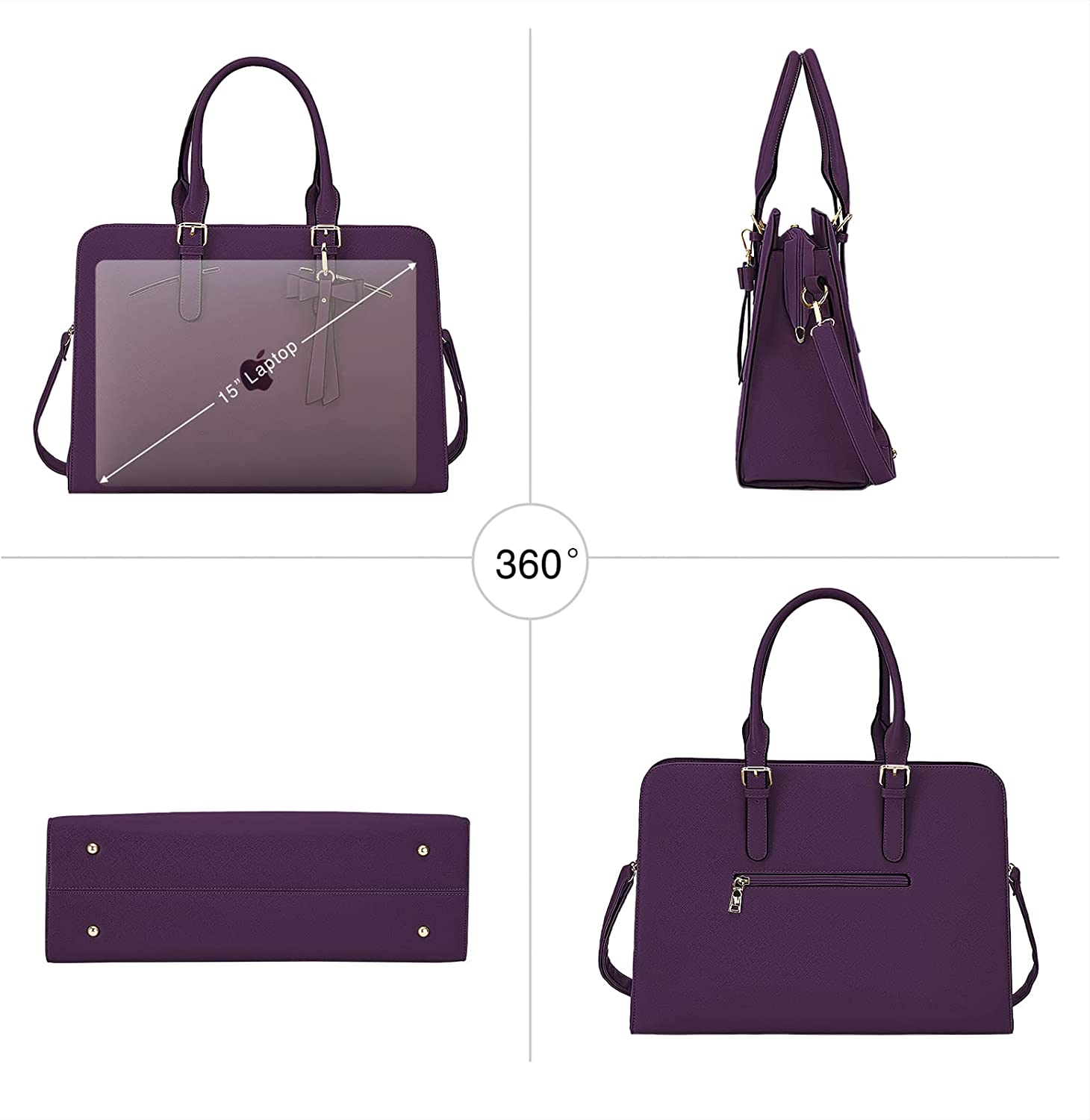 TOPDesign Laptop Bag for Women， Waterproof PU Leather Work Briefcase fits 15.6 Inch Computer， Large Tote Messenger Shoulder Bag， Stylish Business Purse Handbag Satchel (Purple)