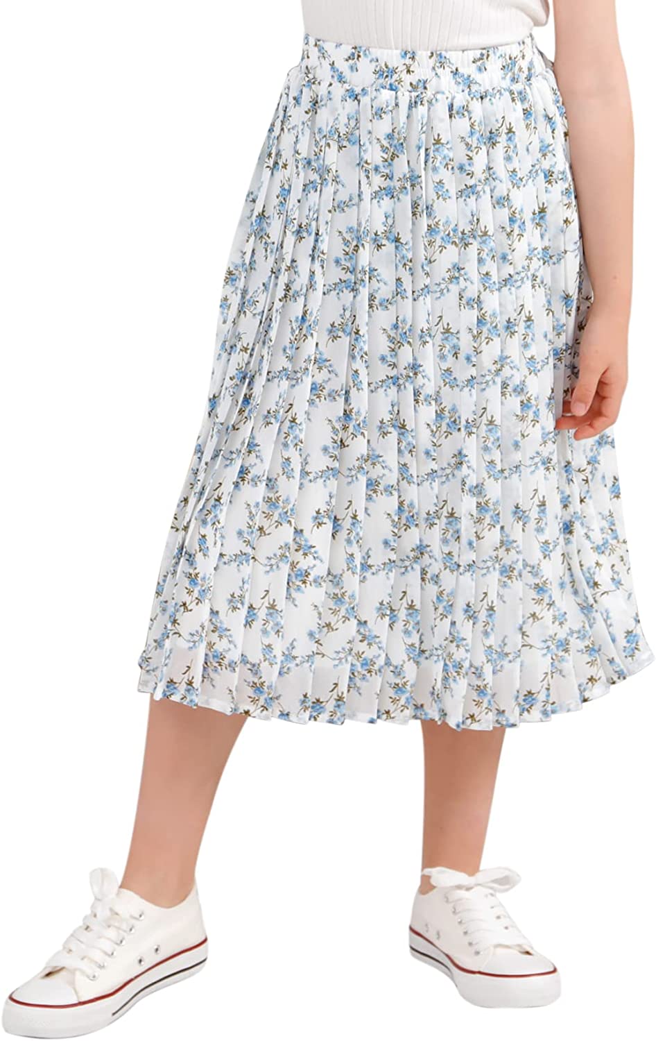 GORLYA Girls Chiffon Pleated Elastic High Waist A-Line Boho Swing Maxi Long Skirt 4-14T