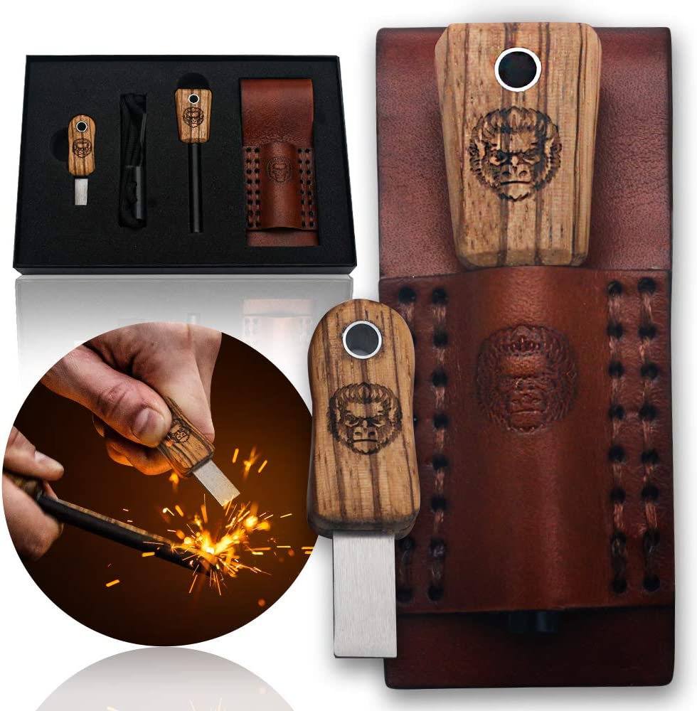 Holtzman's Gorilla Survival Fire Starter Gift Set Emergency Ferro Rod Kit W/Leather Sheath