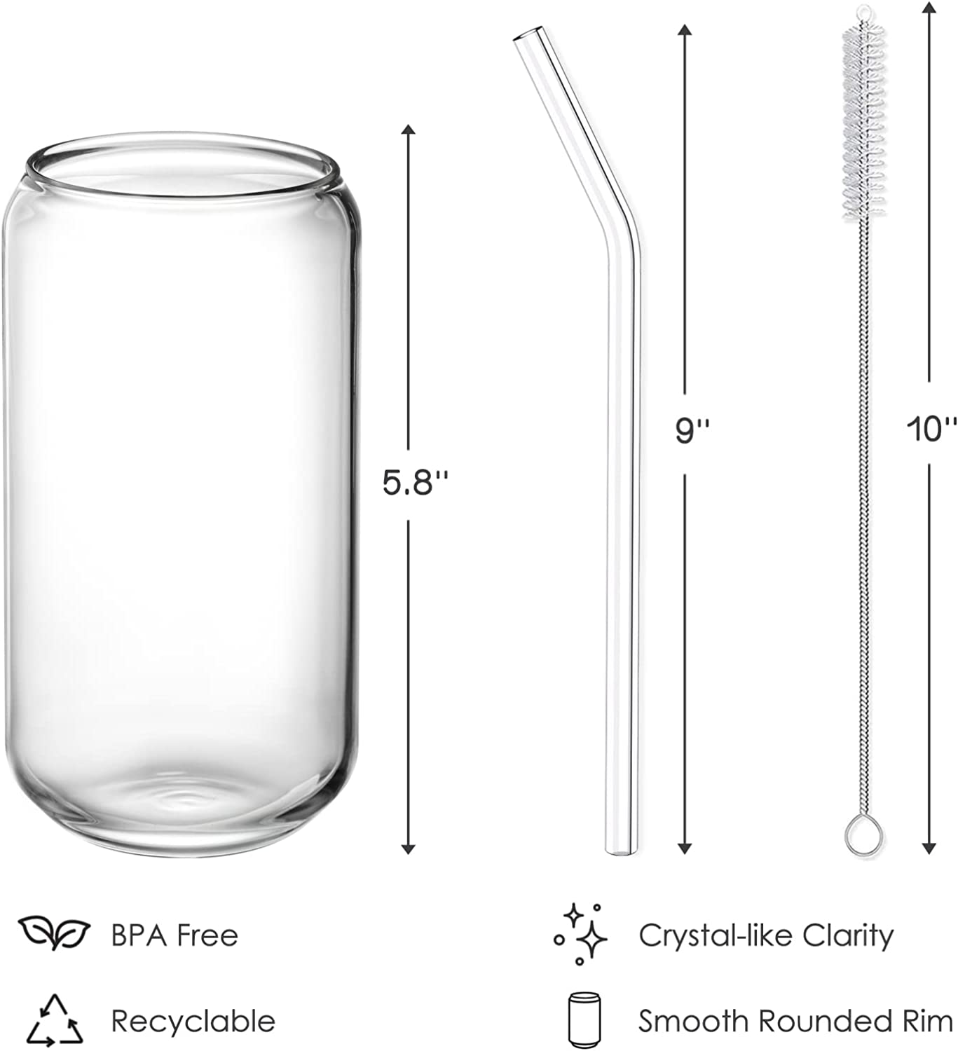 NETANY Drinking Glasses with Glass Straw 4pcs Set - 16oz Can Shaped Glass Cups, Beer Glasses, Iced Coffee Glasses, Cute Tumbler Cup, Ideal for Whiskey, Soda, Tea, Water, Gift - 2 Cleaning Brushes
