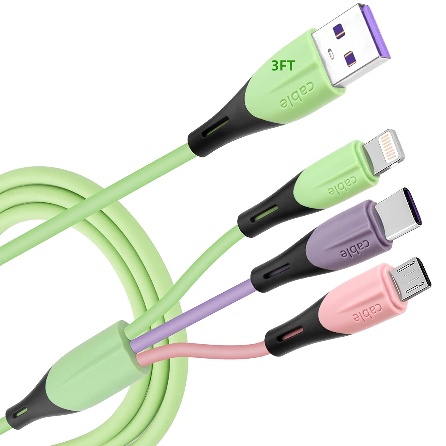 Multi Charging Cable 2Pack 3FT, 3 in 1 5A Multiple USB Fast Charger Cord Adapter with Lightning/Type C/Micro USB Port, Compatible with iPhone/Samsung Galaxy/Pixel/Phones/Tablets and More (Green)
