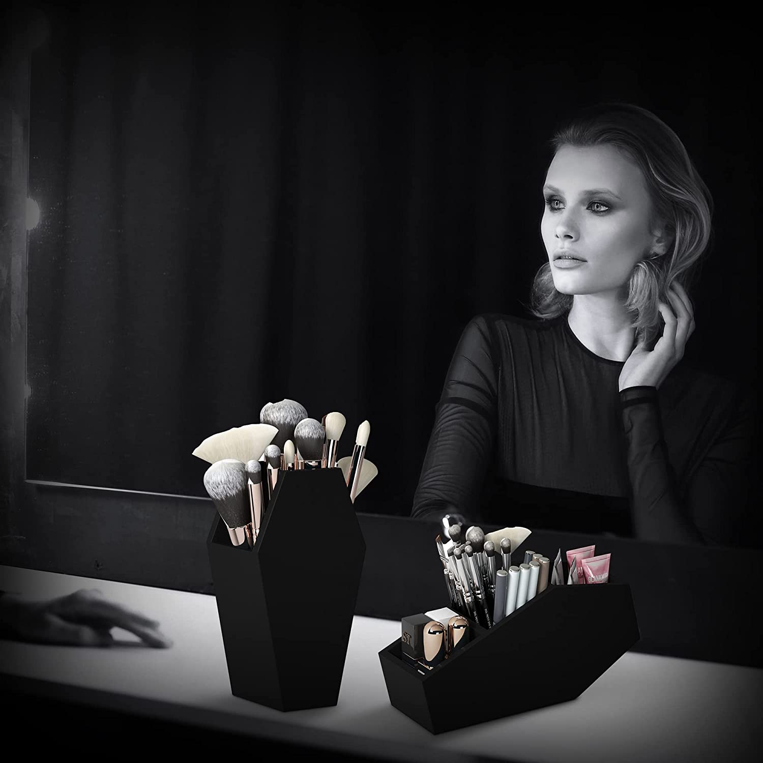 Makeup Coffin Shelf with 2 Coffin Brush Holder, Large Gothic Makeup Organizer for Spooky Room Decor, Wall Mounted or Free Standing Coffin Makeup Holder Horror Decor for Bedroom or Bathroom