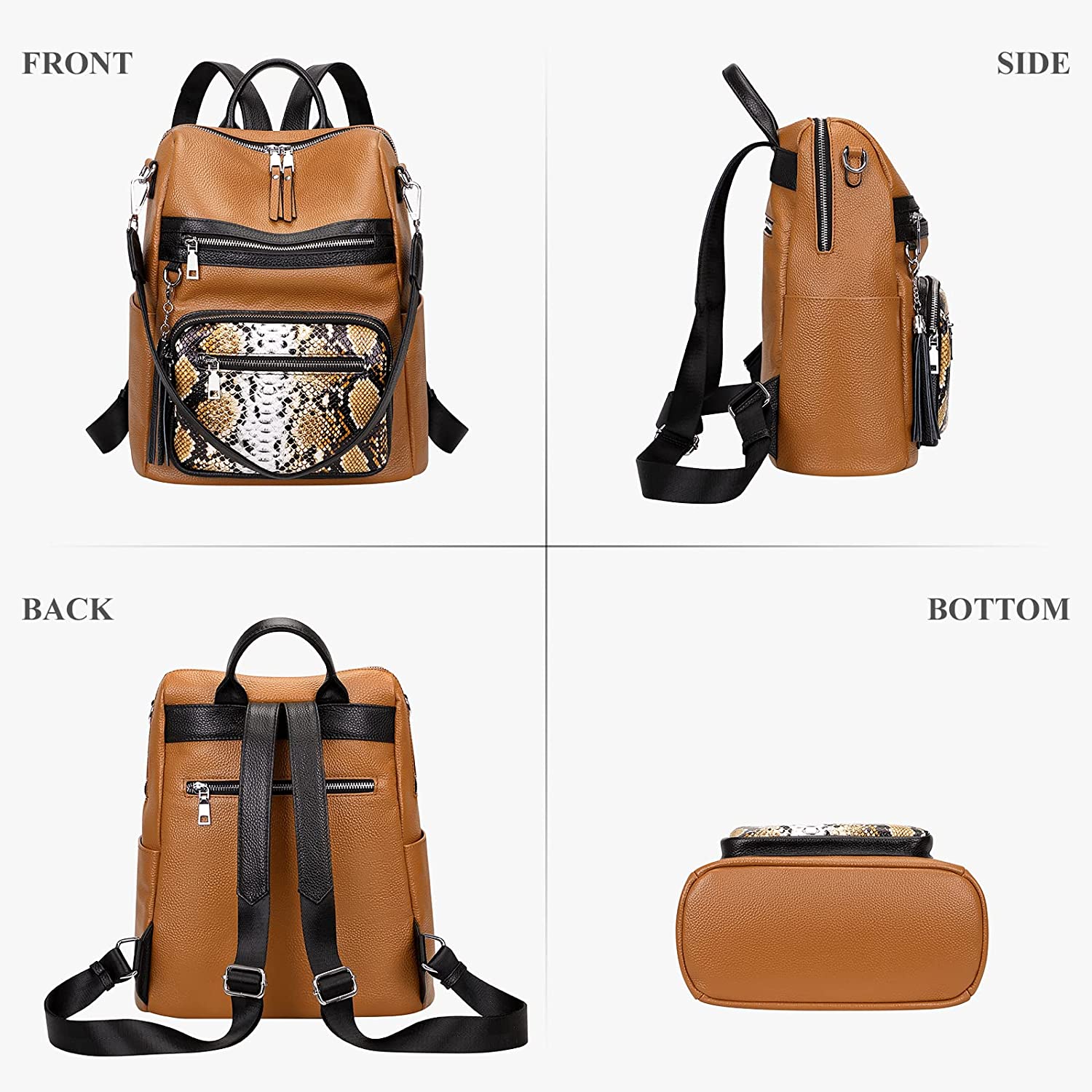 ALTOSY Genuine Leather Backpack Purse for Women Large Shoulder Bag With Laptop Compartment Multiple Pockets (S106 Yellow Brown/Black/Y-Brown Python)