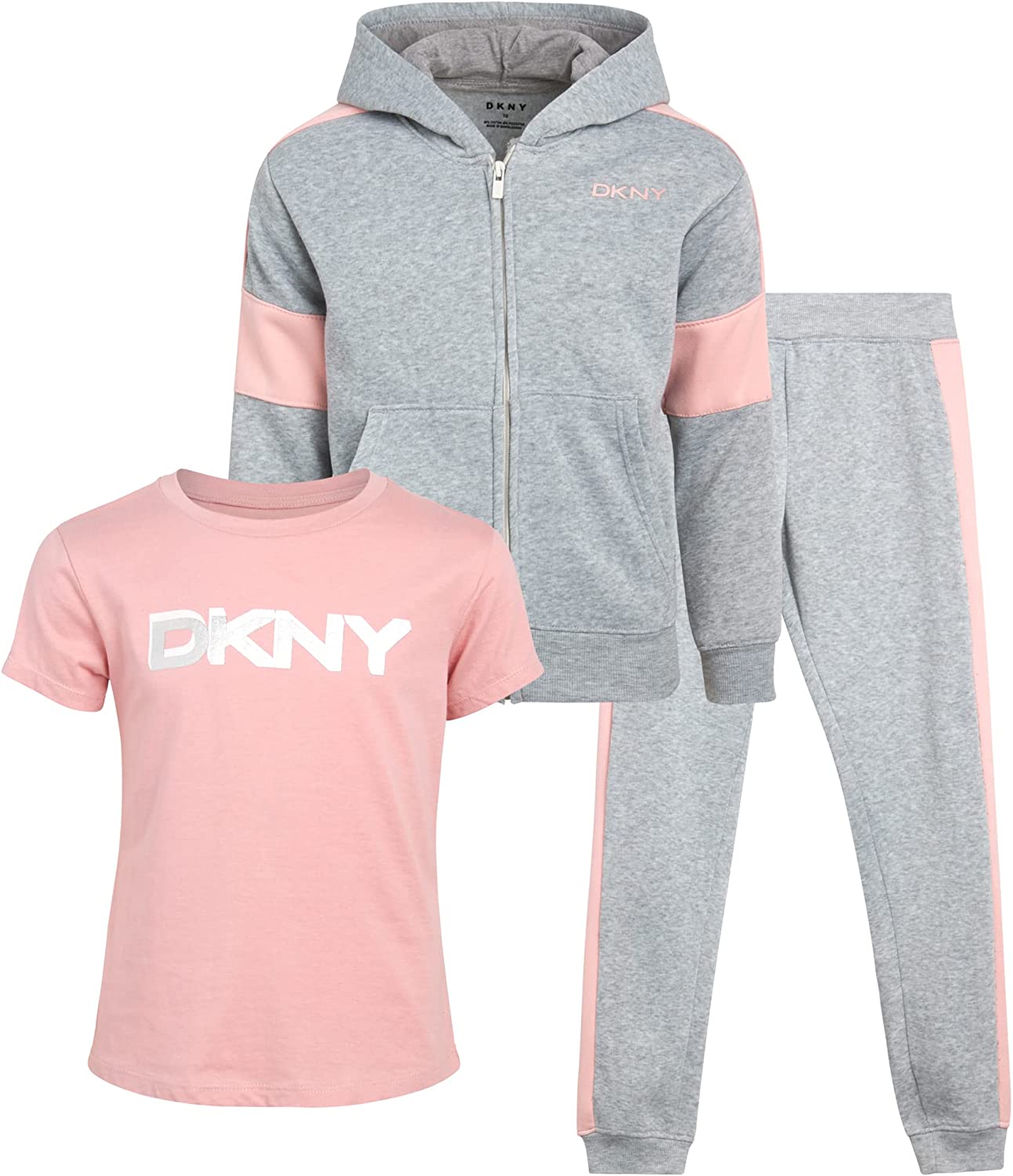 DKNY Girls 3-Piece Athletic Fleece Zip Sweatshirt Hoodie and Jogger Set