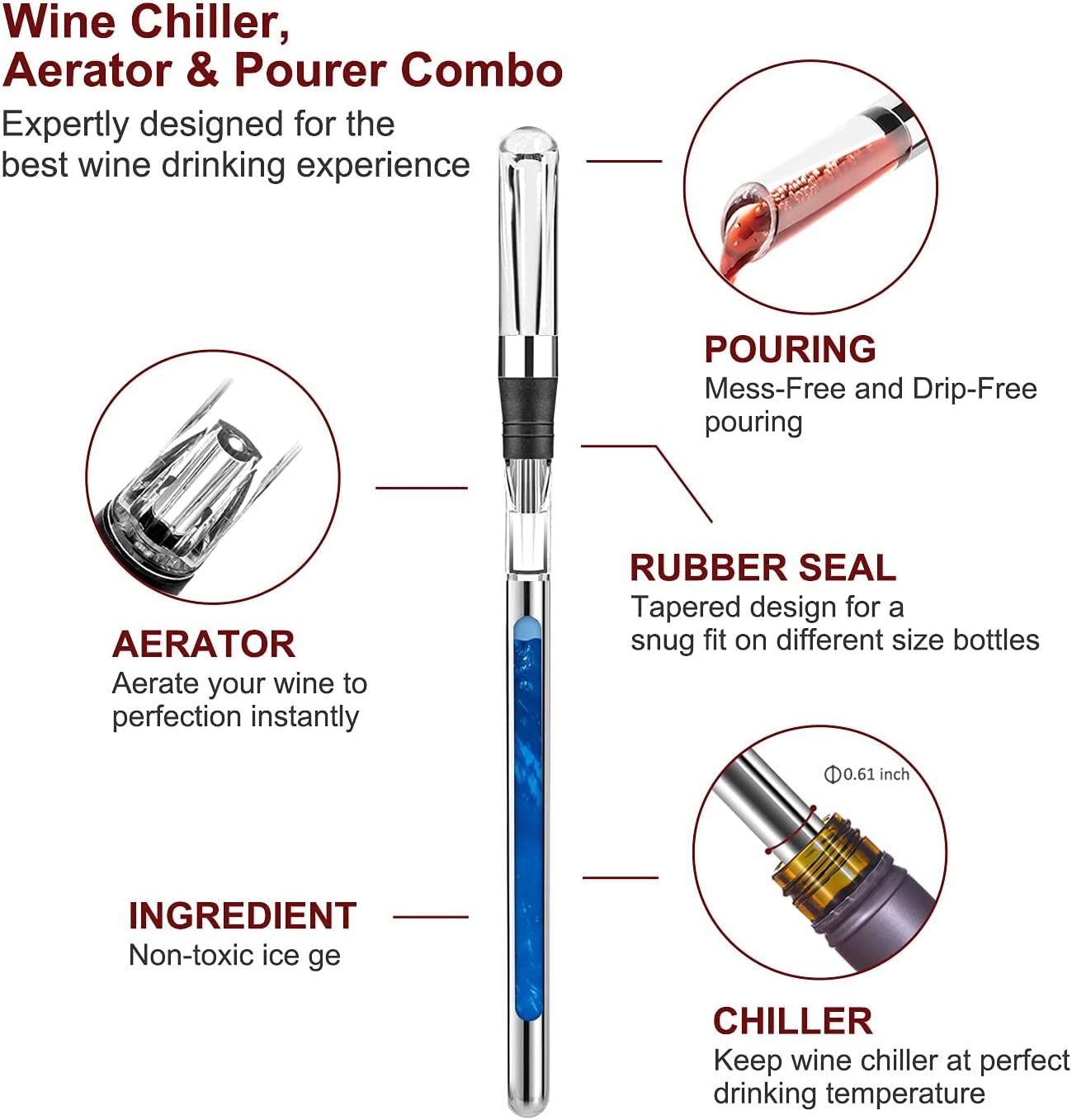 Wine Chiller Stick Wine Aerator, Premium Iceless Wine Chilling Rod, Aerating Pourer and Decanter Spout - Wine Accessories Gifts for Wine Lovers Man Women