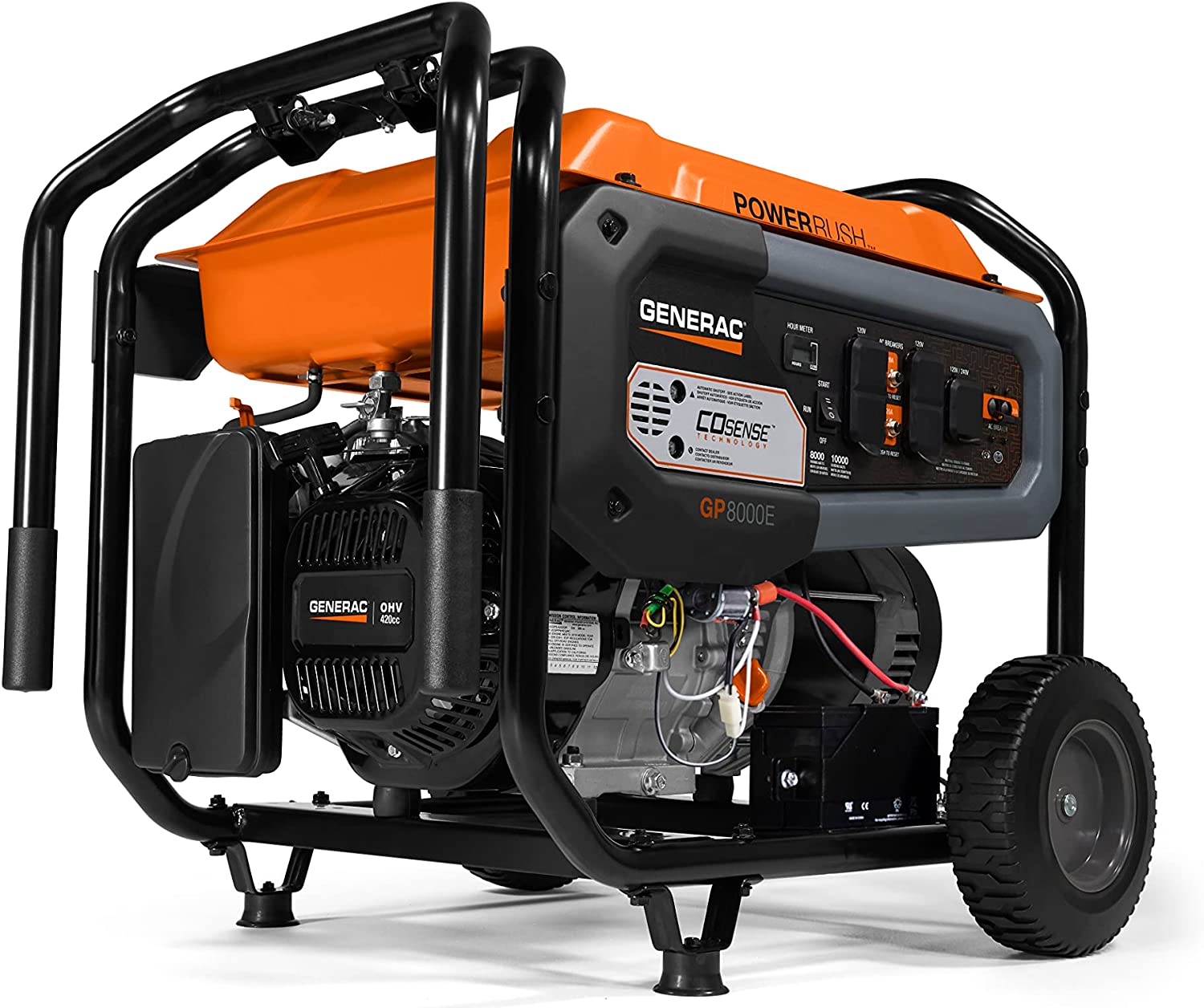 Generac 76762 GP8000E 8,000-Watt Electric Start Gas-Powered Portable Generator with CO-Sense, CARB compliant