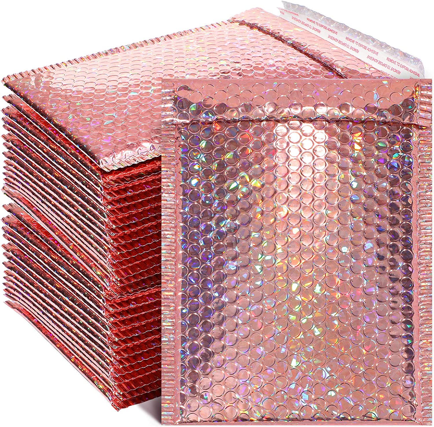 30 Pieces Holographic Bubble Mailers Bubble Mailers Padded Envelopes Self Sealing Cushion Envelopes for Mailing, Shipping and Packing, 11 x 7 Inch（Rose Gold）