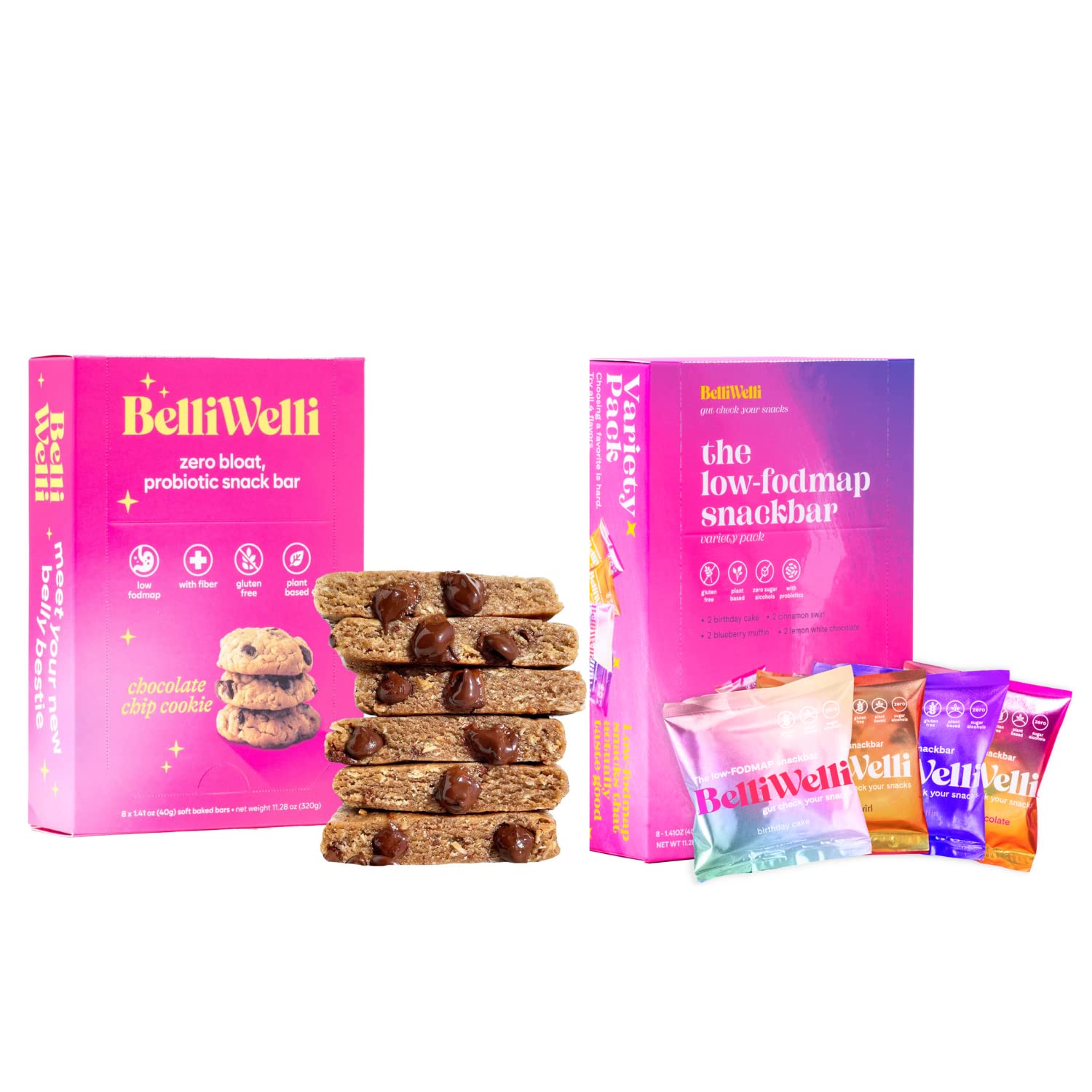 BelliWelli Vegan， Gluten-Free Snack Bars Chocolate Chip &amp; Variety Bundle - Low FODMAP Certified， Dairy Free， 100% Gut Friendly &amp; Contains Probiotics | Enjoy Guilt-Free Dessert for Breakfast!