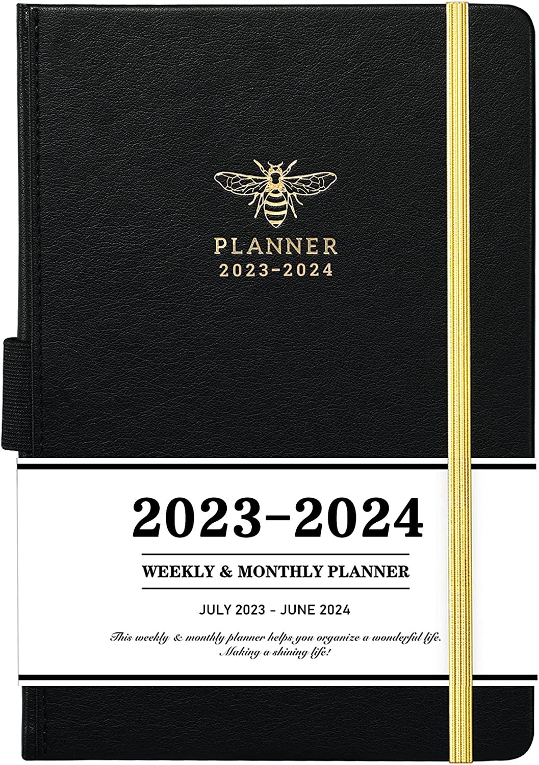 Planner 2023-2024 - Academic Planner 2023-2024 from July 2023 - June 2024, 2023-2024 Weekly Monthly Planner with Calendar Stickers, 5.75" x 8.25", Saffiano Leather, Pen Loop, Back Pocket - Black Bee