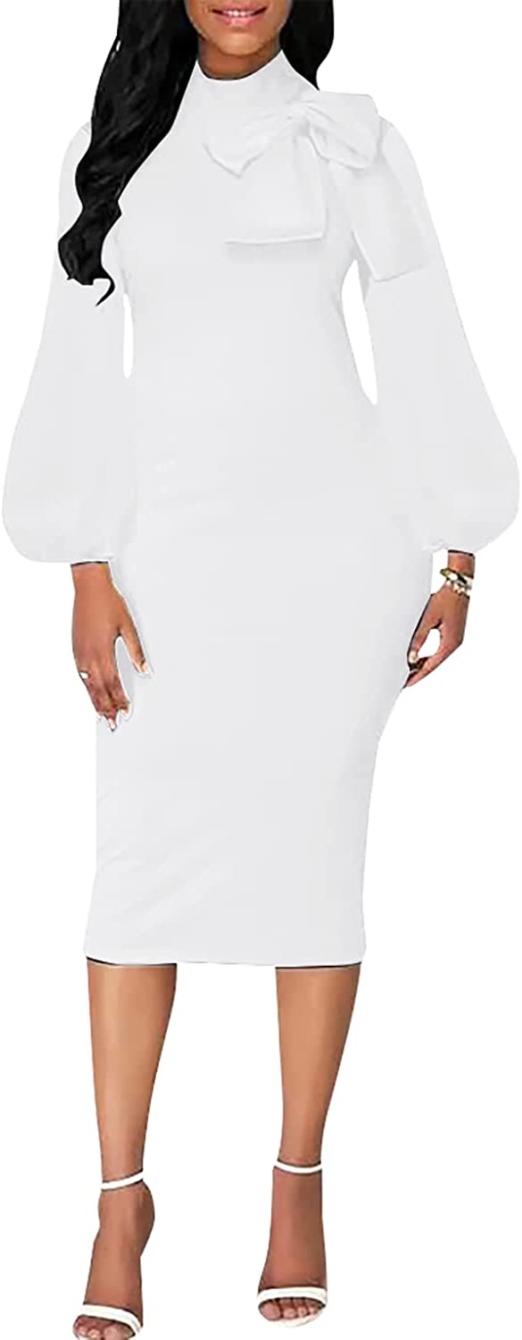 LalaLin Elegant Long Sleeve Dress for Women Solid Color Work Office Prom Bodycon Sexy Church Midi Dresses