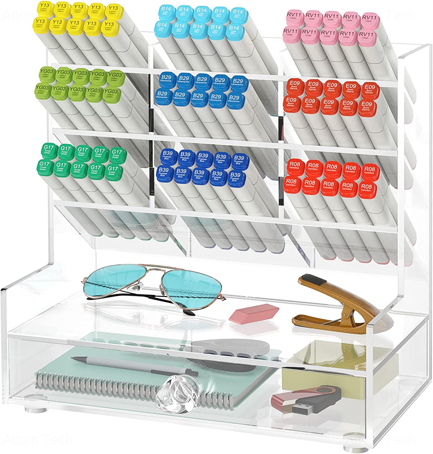 NiOffice Clear Pen Organizer, Acrylic Desk Organizer with 10 Compartments for Pens, Marker Pencil Storage & Art Supplies Ideal for Office, School and Home Use