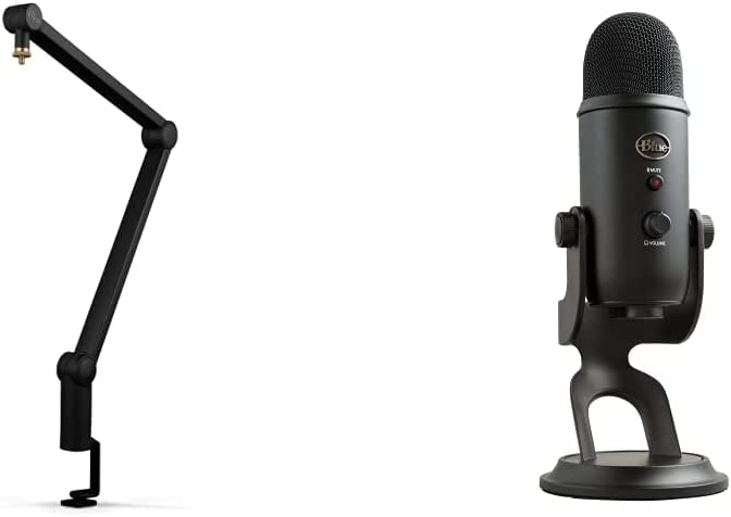 Blue Microphones Compass Premium Tube-Style Microphone Broadcast Boom Arm With Internal Springs， Desktop Clamp and Built-in Cable Management For Recording， Gaming， Streaming， Podcasting - Black