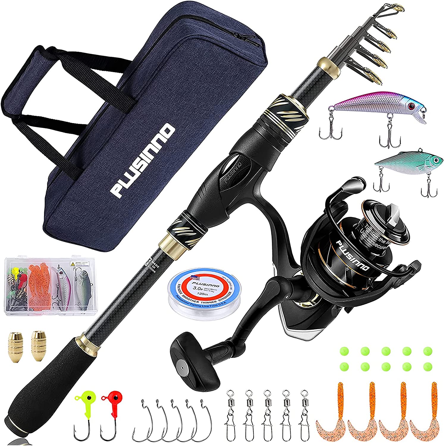 PLUSINNO Fishing Pole Fishing Rod and Reel Combos Carbon Fiber Telescopic Fishing Pole with Spinning Reels Sea Saltwater Freshwater Kit Fishing Rod Kit