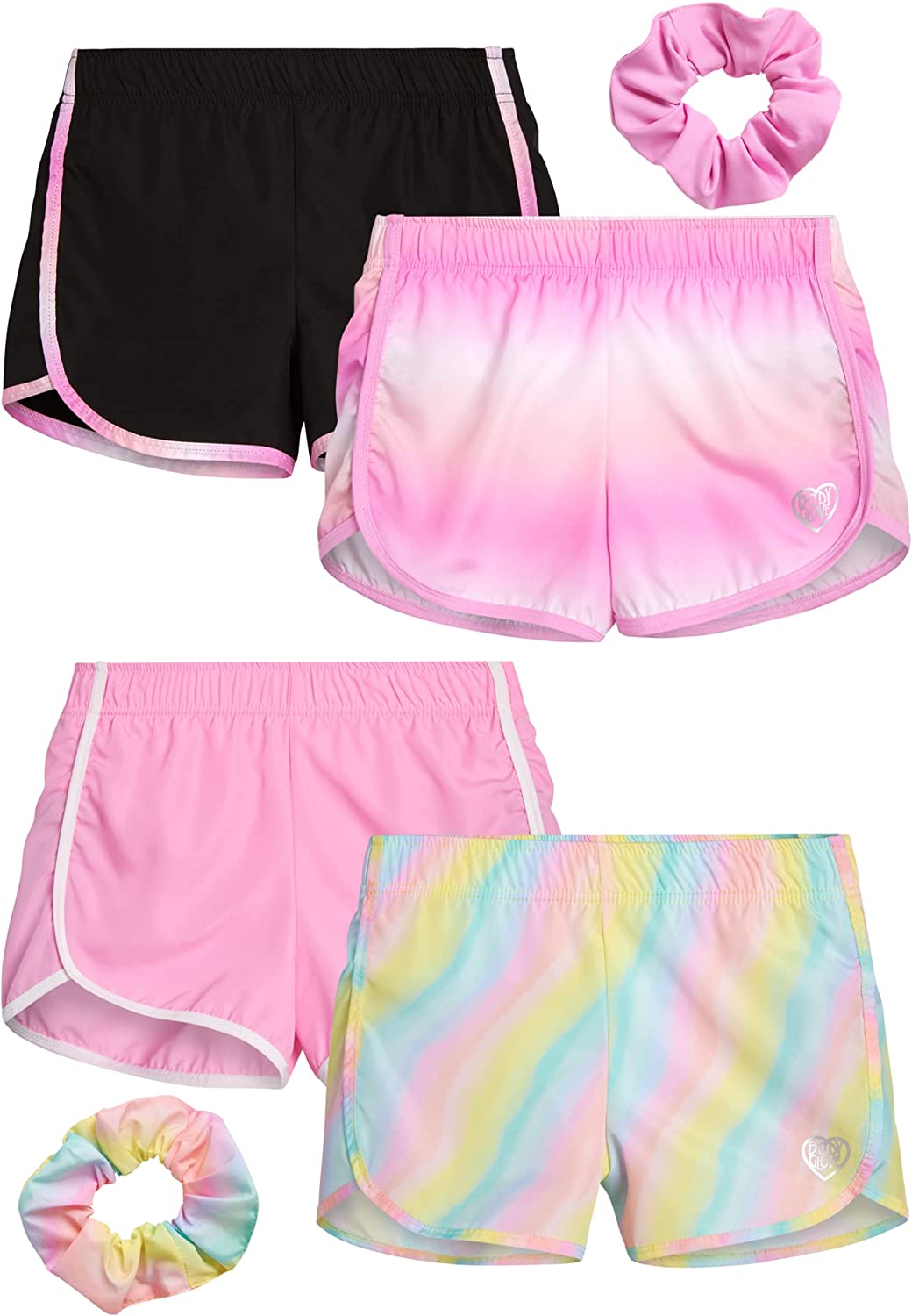 Body Glove Girls' Shorts - 4 Pack Athletic Performance Dry Fit Dolphin Gym Shorts, Scrunchie (7-12)