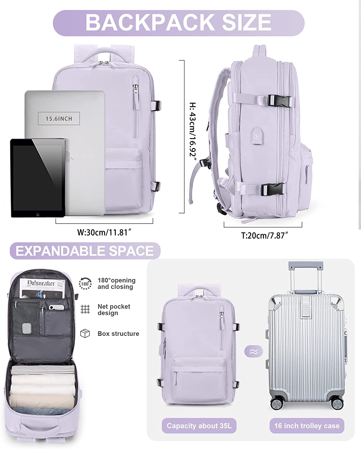 VECAVE Travel Backpack,Airline Approved Carry On Backpack for Women Waterproof 14 Inch Laptop Backpack with Shoe Compartment Casual Daypack Backpacks Purple