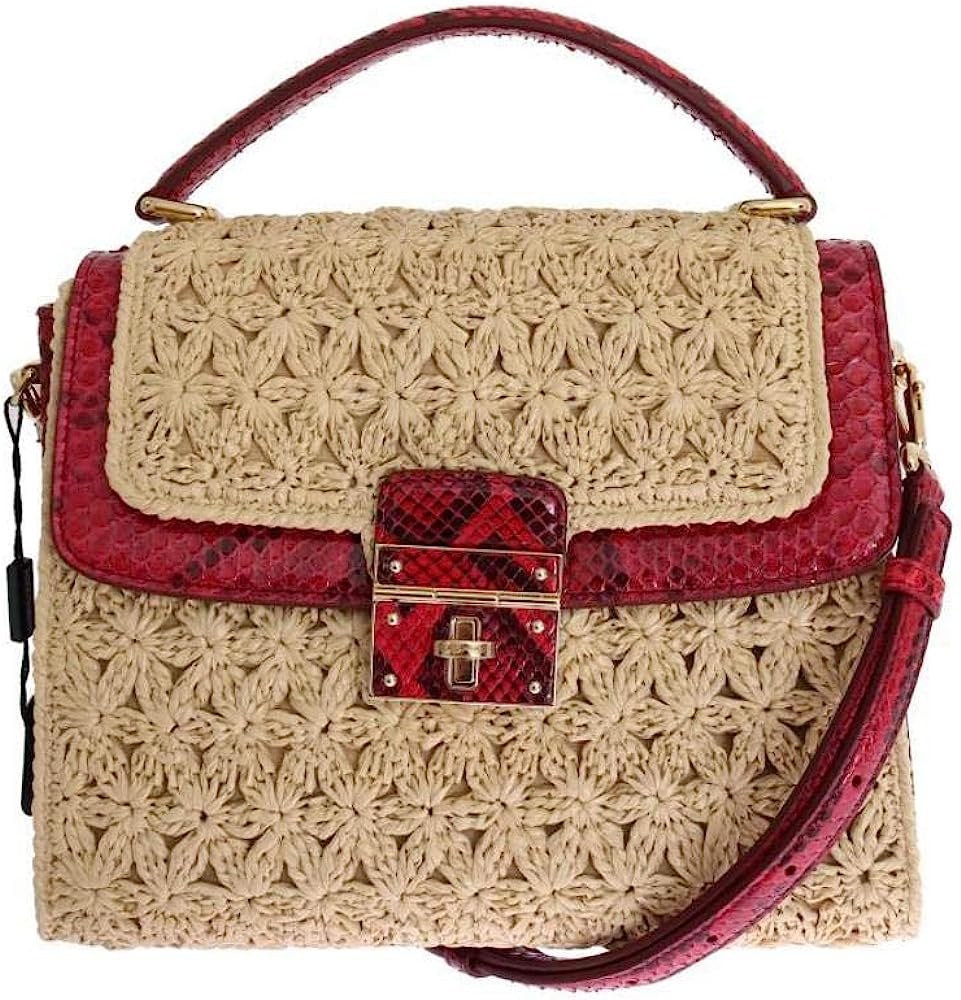 Dolce & Gabbana Beige Straw Greta Red Snakeskin Bag