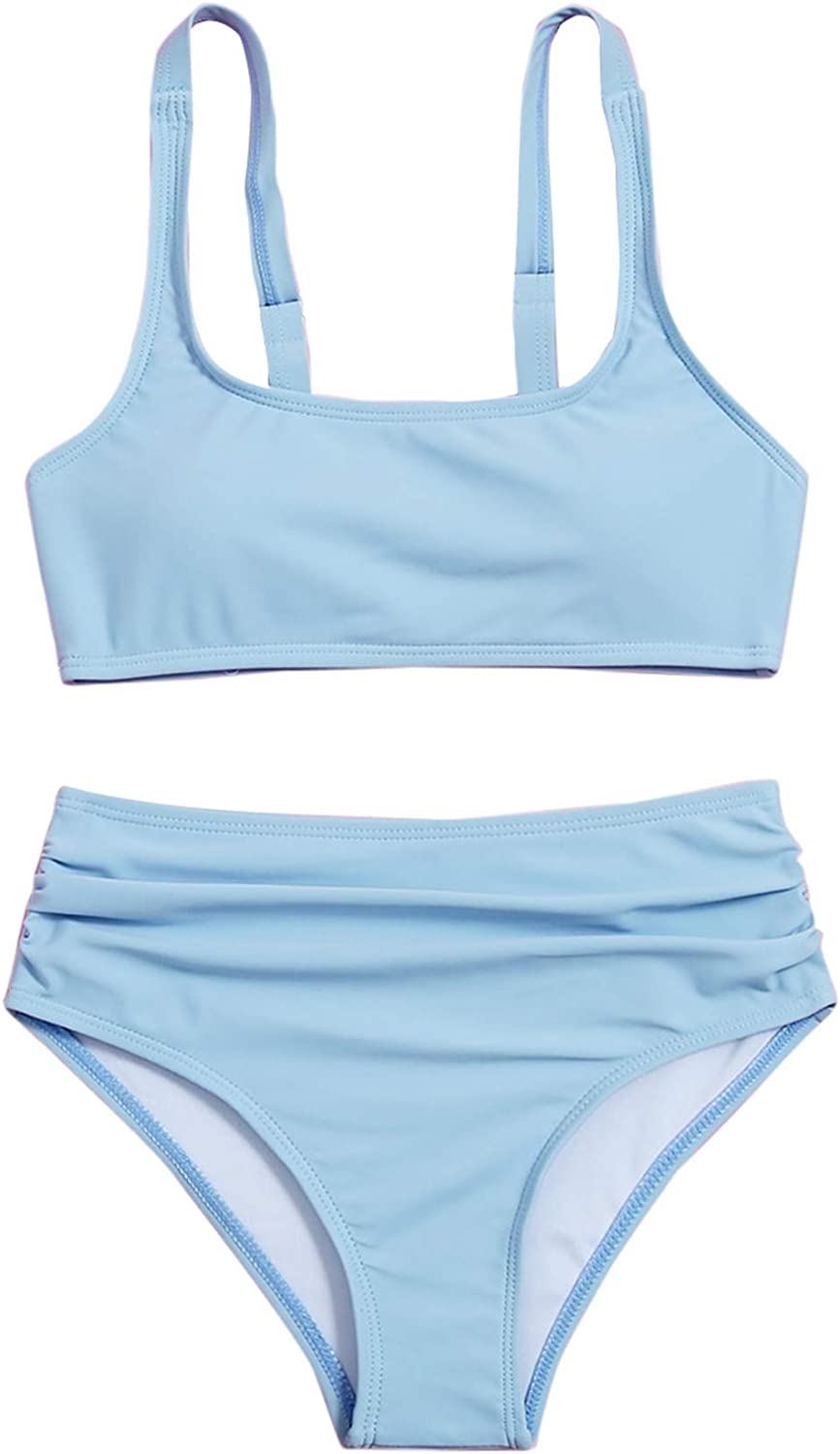 Romwe Girl's 2 Piece Swimsuit Sport Solid High Waist Bikini Set Bathing Suit