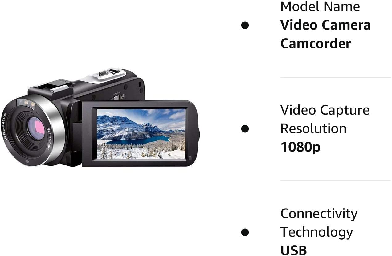 Video Camera Camcorder Full HD 1080P 30FPS 24.0 MP IR Night Vision Vlogging Camera Recorder 3.0 Inch IPS Screen 16X Zoom Camcorders Remote Control with 2 Batteries