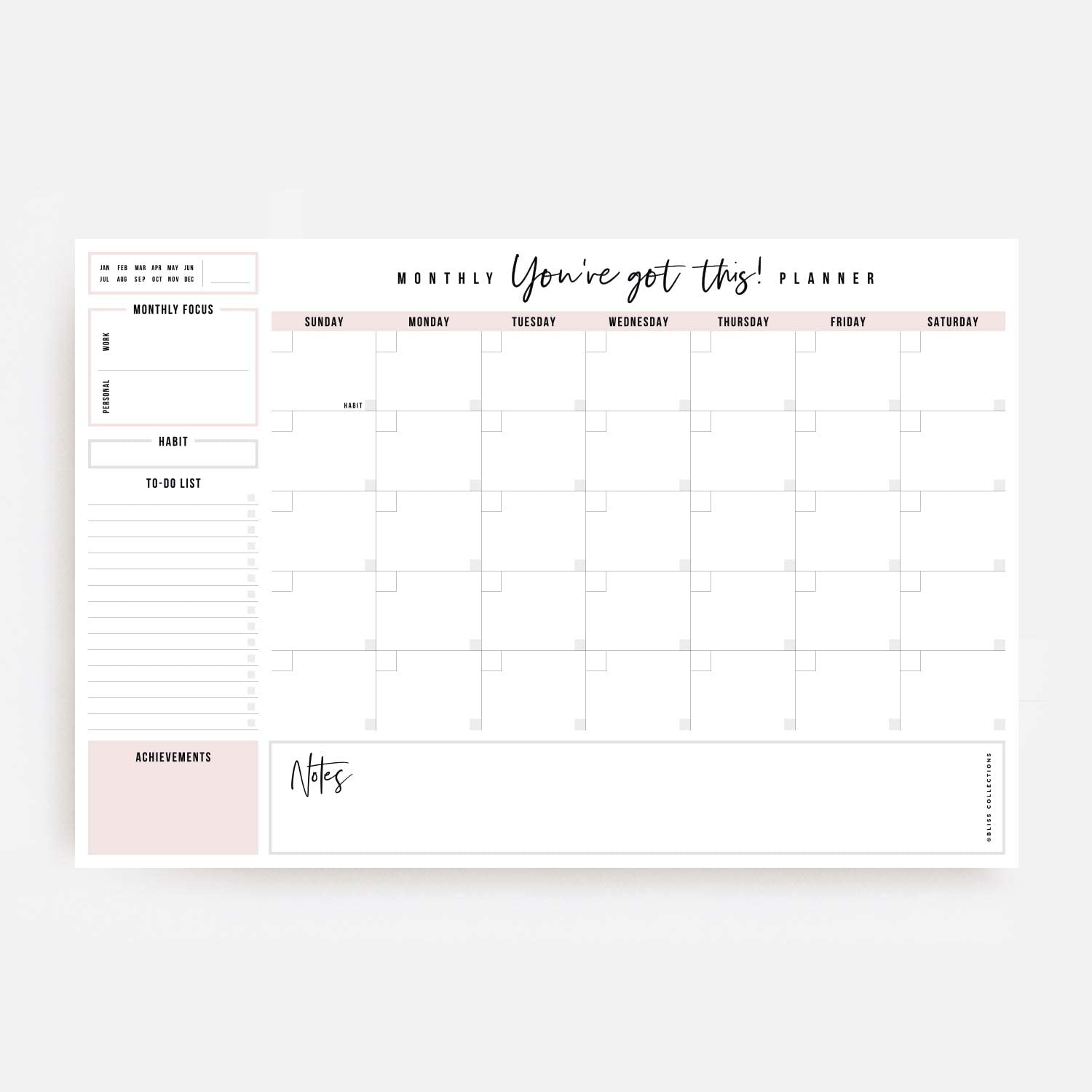 Bliss Collections Monthly Planner, "You've Got This", Undated Desk Calendar and Planner for Organizing and Scheduling Tasks, Productivity Tracker, Goals, Notes and To-Do Lists, 12"x18" (18 Sheets)