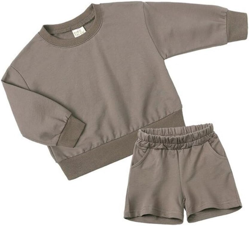 QueenLine 10Sets Bulk Items Wholesale Children Sets Long Sleeves Pullover Tops Hoodie + Shorts Two Piece Sets Casual Solid Tracksuits Khaki 90cm