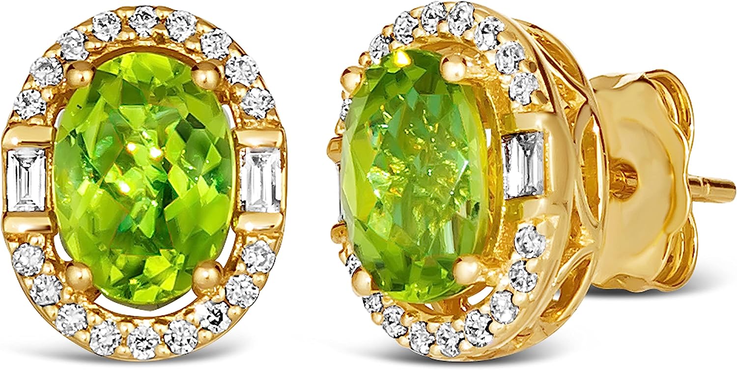 1/5 Carat Diamond and 1 2/3 Carat Green Peridot Oval Halo Stud Earrings for Women in 14k Yellow Gold (G-H, SI1-SI2 / VS2-SI1, cttw) Push Back Studs by LeVian