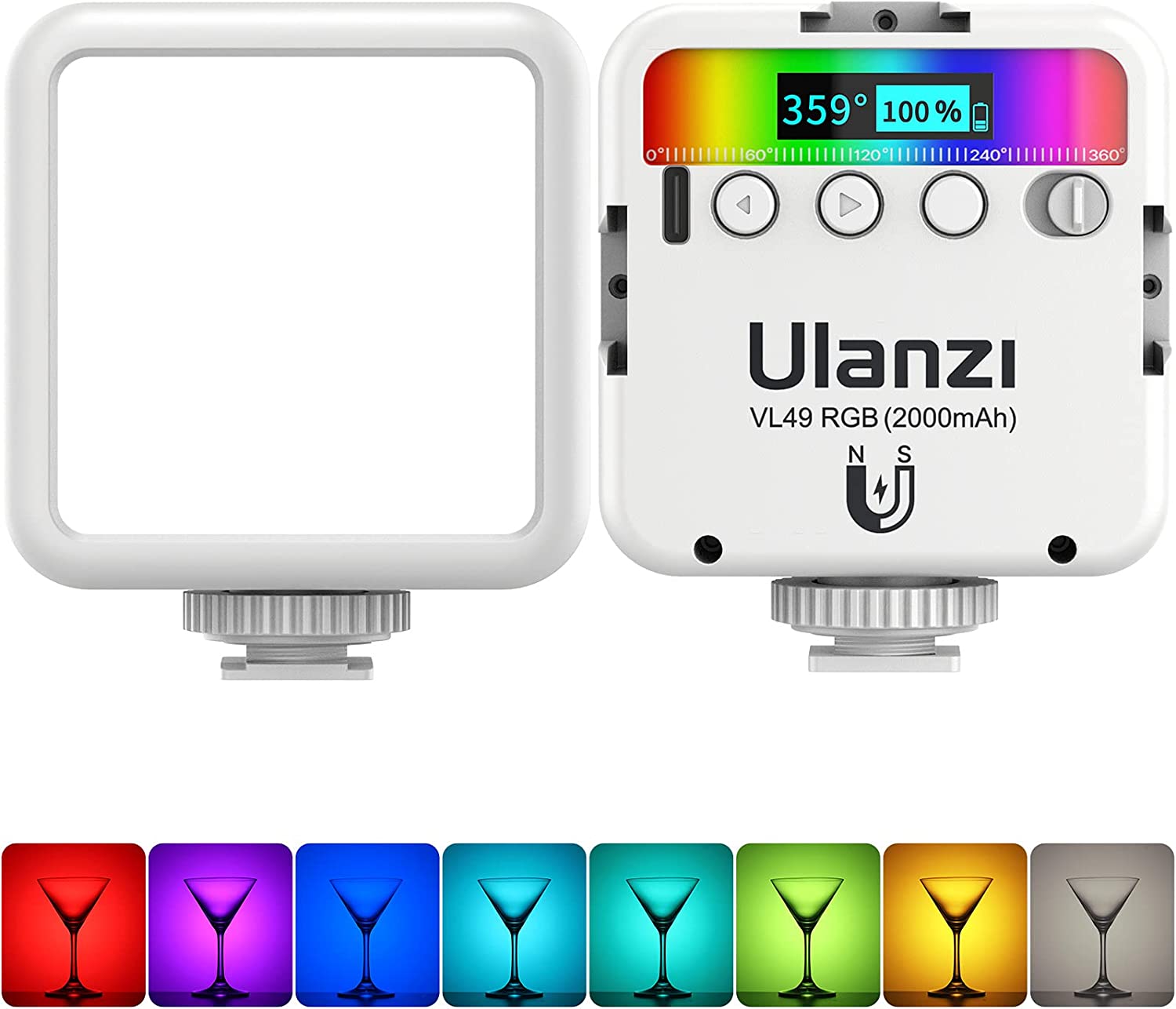 ULANZI VL49 RGB Video Lights, LED Camera Light 360° Full Color Portable Photography Lighting w 3 Cold Shoe, 2000mAh Rechargeable CRI 95+ 2500-9000K Dimmable Panel Lamp Support Magnetic Attraction