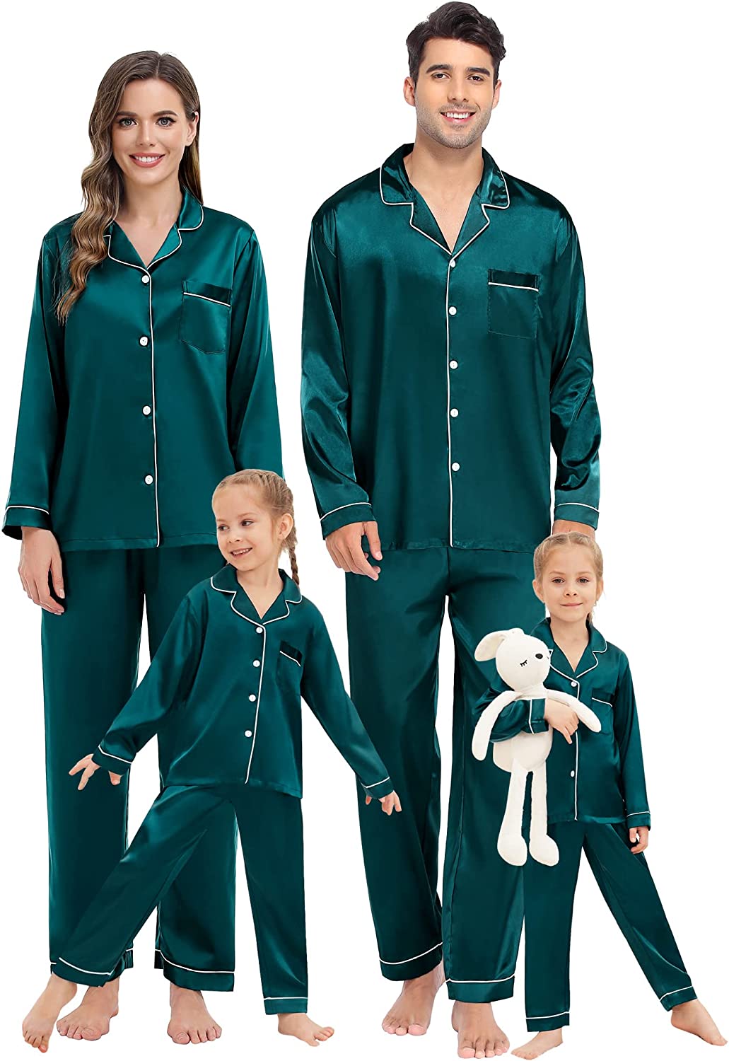 SWOMOG Family Matching Pajamas Set Silk Satin Button Down Sleepwear Long Sleeve Nightwear 2 Pcs Pj Set