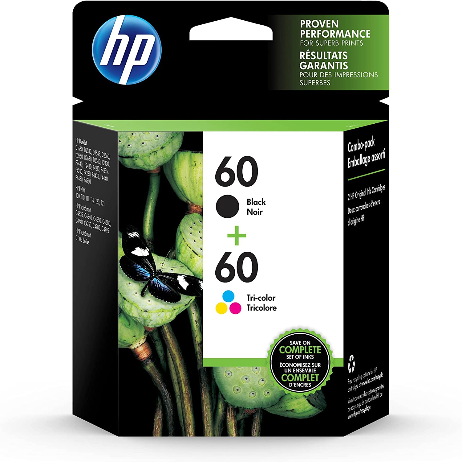 HP 60 Black/Tri-color Ink Cartridges (2-pack) | Works with DeskJet D1660, D2500, D2600, D5560, F2400, F4200, F4400, F4580; ENVY 100, 110, 120; PhotoSmart C4600, C4700, D110a Series | N9H63FN