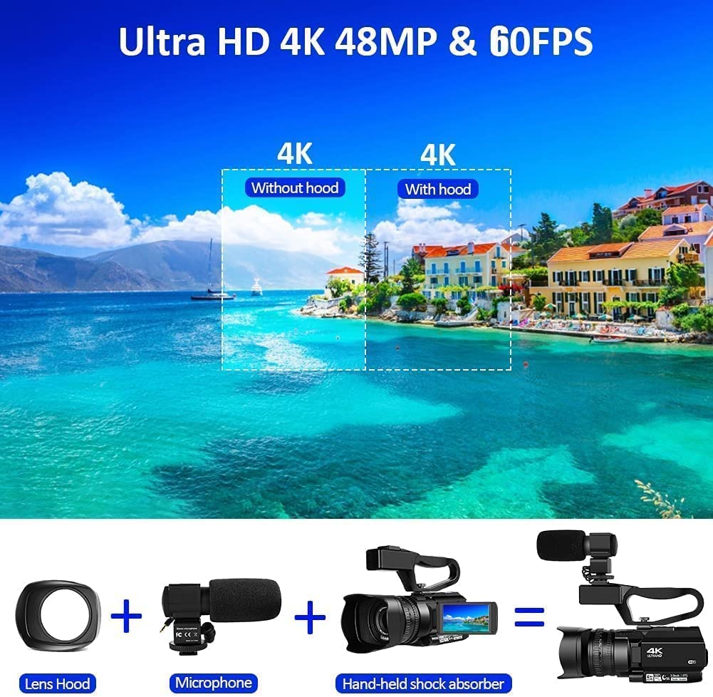 MISIOU Video Camera Camcorder, Auto Focus 4K 48MP 60FPS 30X Digital Zoom Camera for YouTube LED Fill Light Function Camcorder with Remote Control, Handheld Stabilizer, Microphone