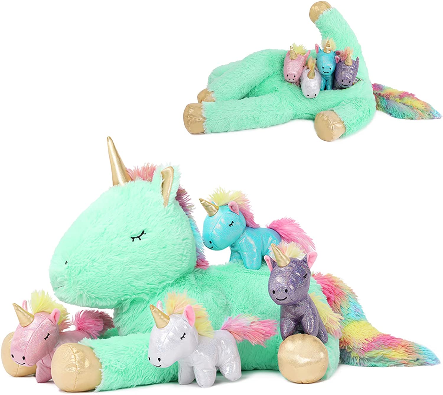 Tezituor 24 Inches Green Unicorn Plush Toy Set for Girls,4 Colorful Unicorns in Mommy Unicorn’s Belly,Unique Stuffed Unicorns Gifts for Children.