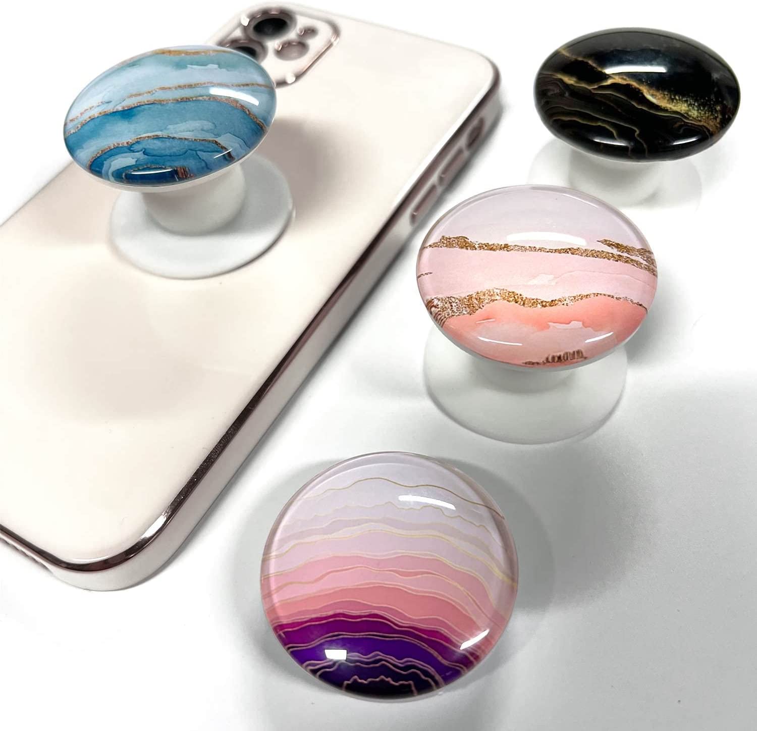 WUYULB Clear Crystal Glitter Expandible Collapsible Moblile Phone Grip Stand Holder for Smartphones and Tablets Cell Phone Accessory (Black Rose Gold Wave)