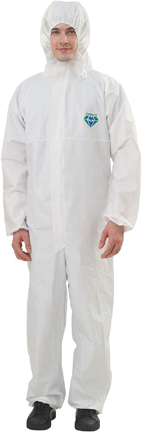 Medtecs Hazmat Suits - 6 Sizes Options (1 PC) - Fabric Passed AAMI Level 4 Disposable Coverall PPE Suit for Biohazard Chemical Protection - CoverU Full Body Protective Clothing with Hood | L