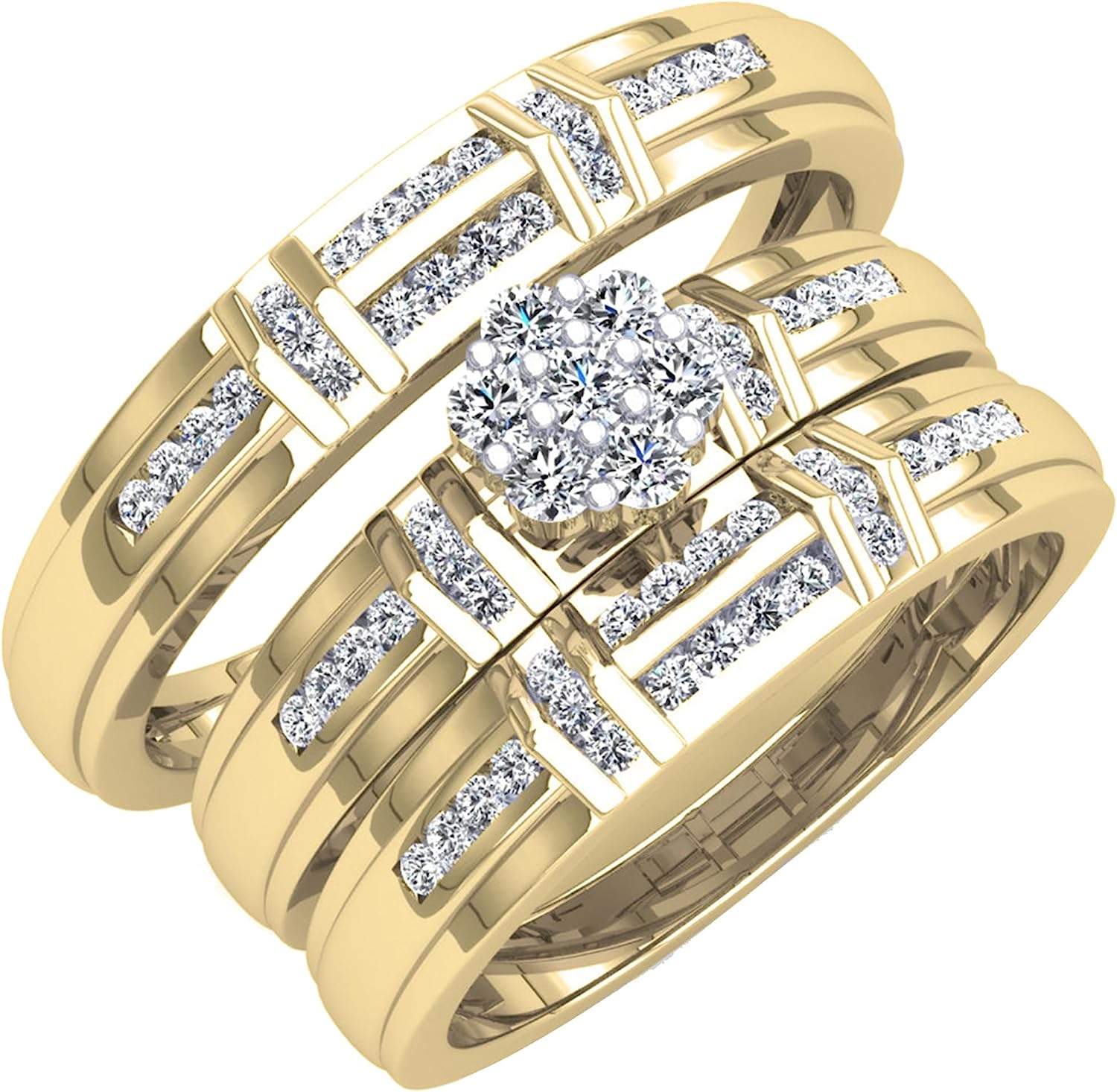 Dazzlingrock Collection 0.50 Carat (ctw) Round White Diamond Cluster Wedding Trio Ring Set for Him & Her (0.50 ctw, Color I-J, Clarity I1-I3) in Gold