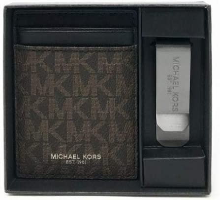 Michael Kors Mens Money Clip & Leather Card Case, Brown/Black