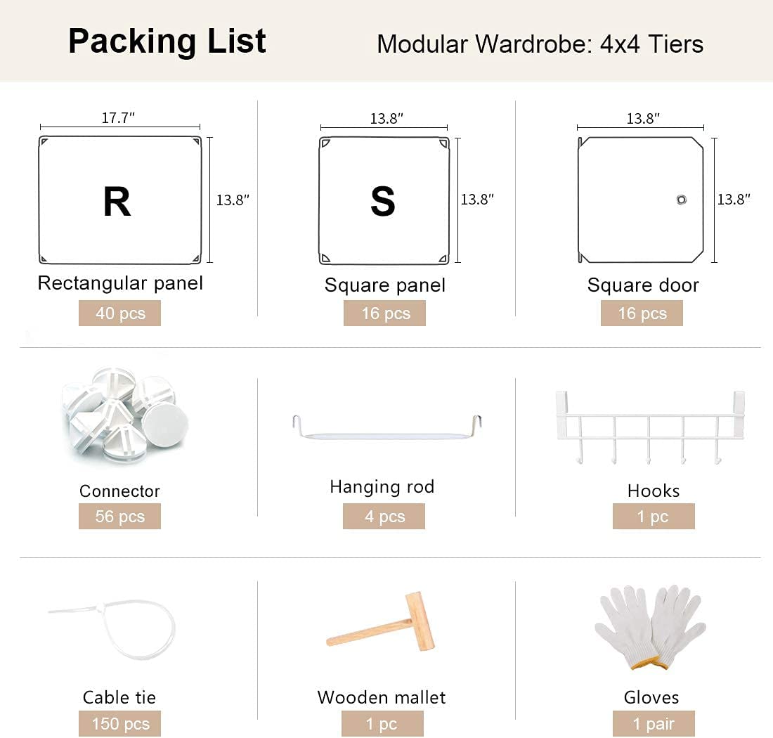 YOZO Cube Storage Organzier Portable Wardrobe Closet Bedroom Dresser (56x18x56 inches) Portable Closet Cube Shelf Armoire Pantry Cabinet， 16 Cubes， White
