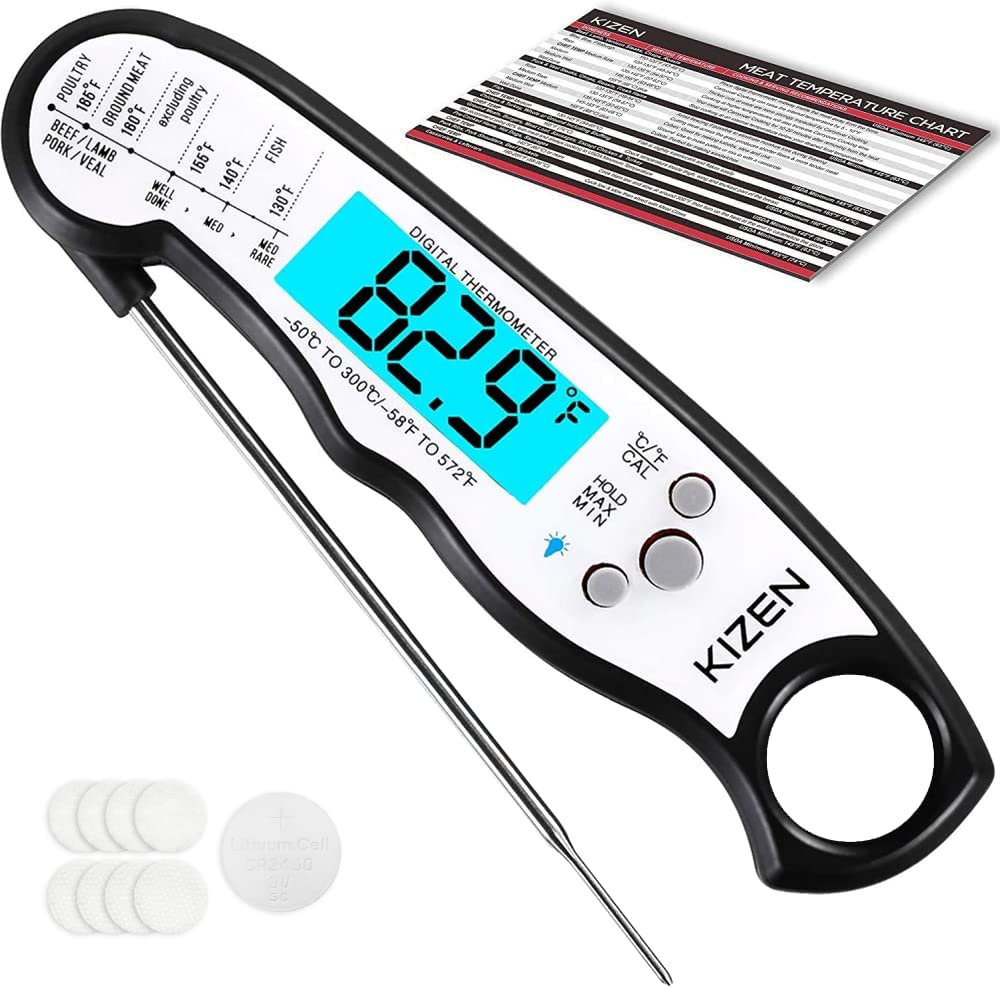 KIZEN Digital Meat Thermometer with Probe - Waterproof, Kitchen Instant Read Food Thermometer for Cooking, Baking, Liquids, Candy, Grilling BBQ & Air Fryer - Black/White