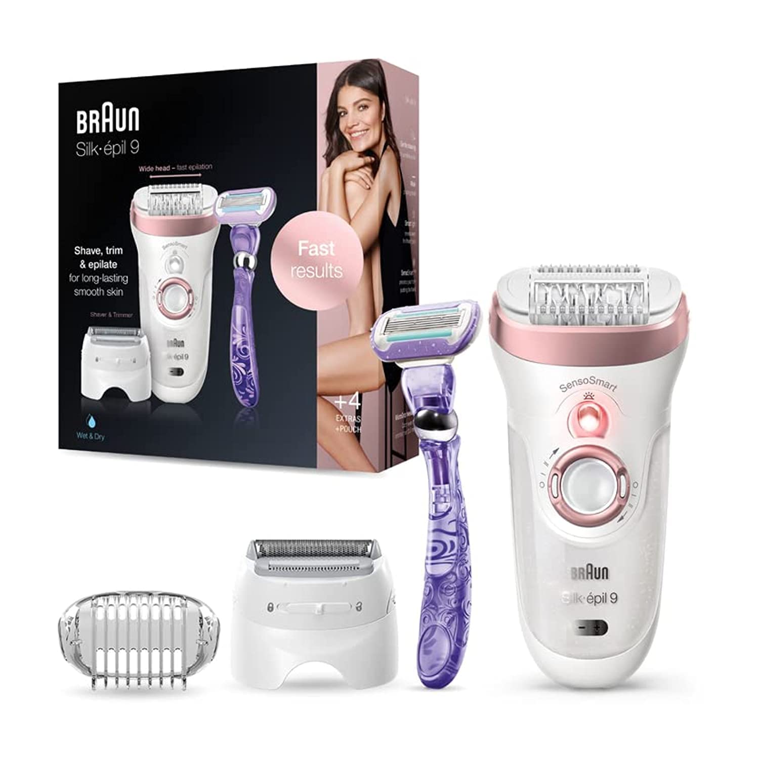 Braun Epilator Silk-épil 9 9-870, Facial Hair Removal for Women, Hair Removal Device, Wet & Dry, Women Shaver & Trimmer, Cordless, Rechargeable, with Venus Extra Smooth Razor
