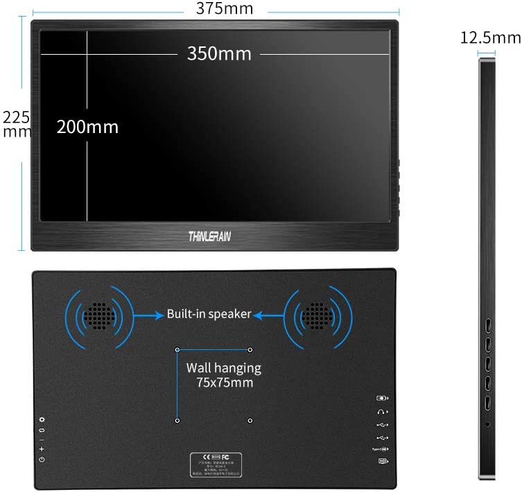 Thinlerain Portable Monitor, 15.6 Inch FHD IPS 1920x1080P Display USB C Type C Monitor External Second Monitor for Laptop PS3 PS4 Xbox Switch, USB C, Mini Hdmi, Type A, Built-in Speaker