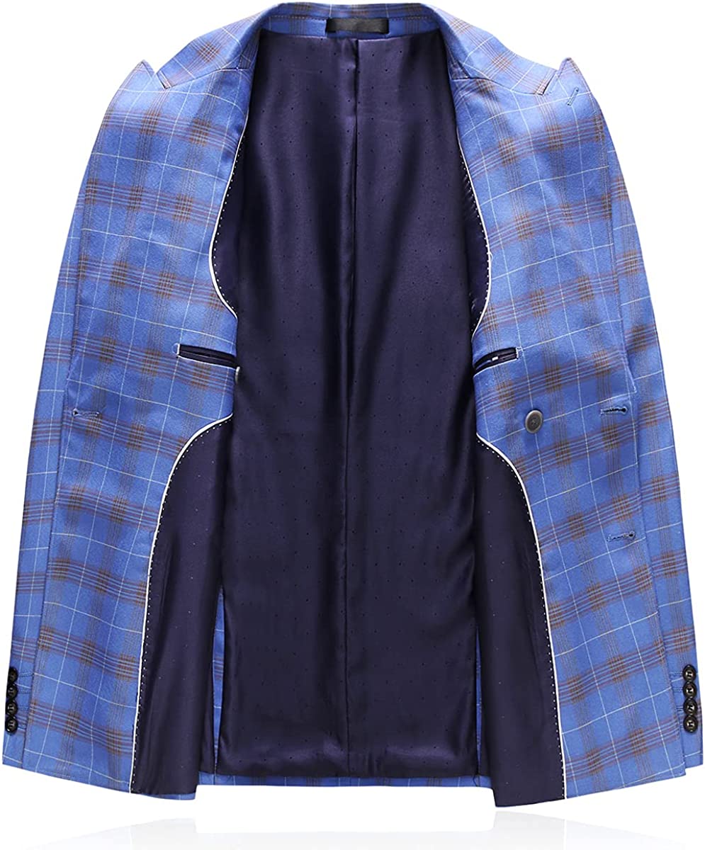 Mens Plaid 3 Piece Suits Slim Fit Double Breasted Plaid Suit Jacket Vest Pants Set Formal