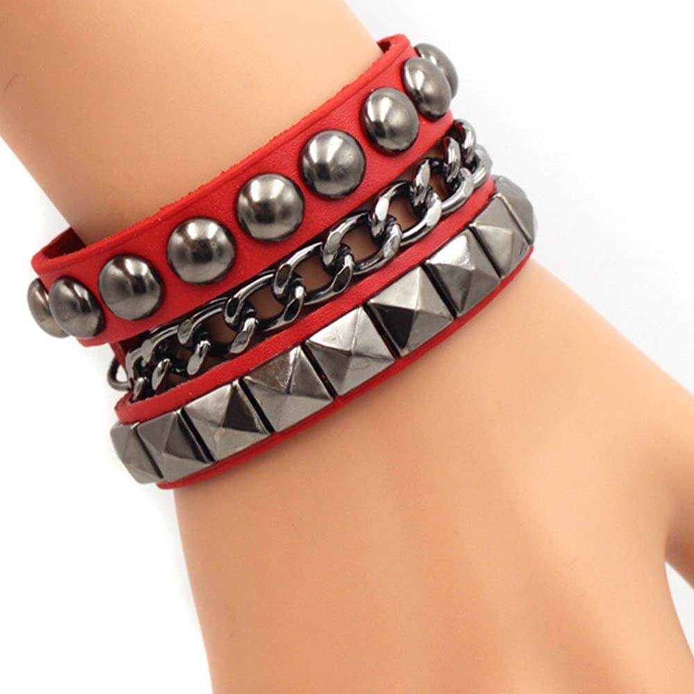 TURTLEDOVE Punk Leather Cuff Bracelet - Goth Rock Leather Wristband with Chain for Party