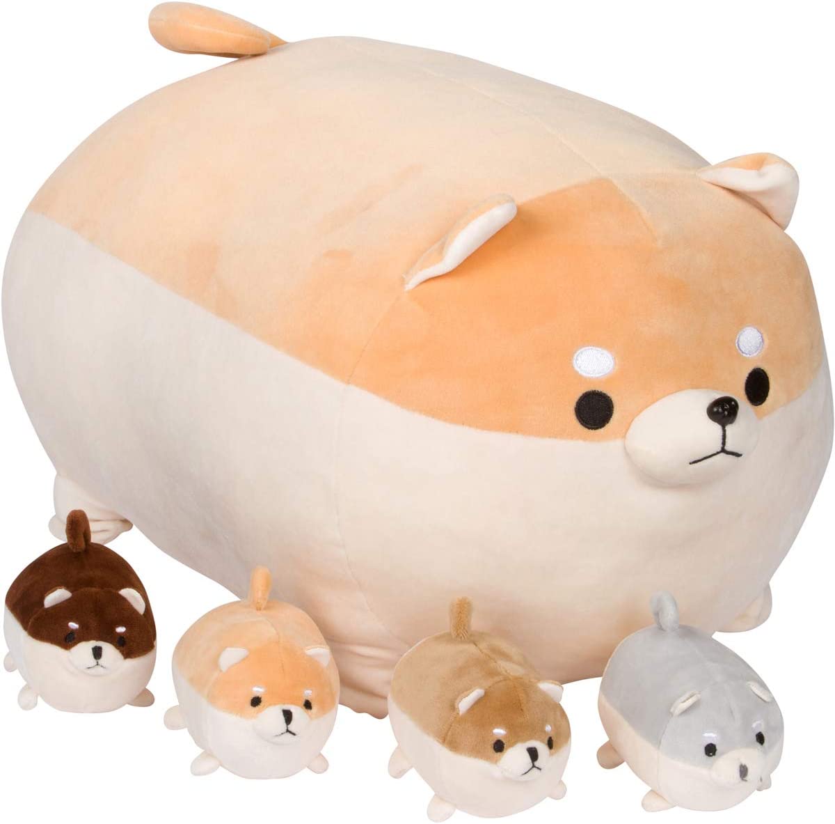 PixieCrush Shiba Inu Stuffed Animals Mommy with 4 Baby Puppies in Tummy - Snugababies Plush Toy Anime Corgi & Akita Kawaii Dog Soft Pillow; Plush Toy Gifts for Boys Girls