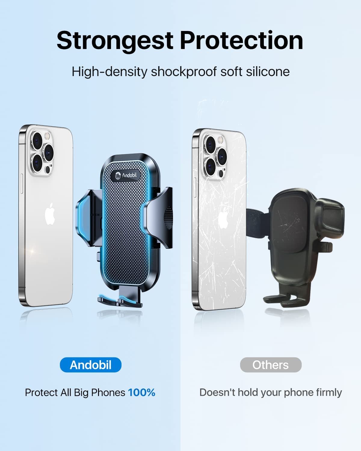 andobil Car Phone Holder Mount， [Ultra Stable， Big Phones &amp; Thick Case Friendly] Adjustable Long Arm Cell Phone Holder for Car Dashboard Windshield Vent， Protect &amp; Fit for iPhone， Samsung， All