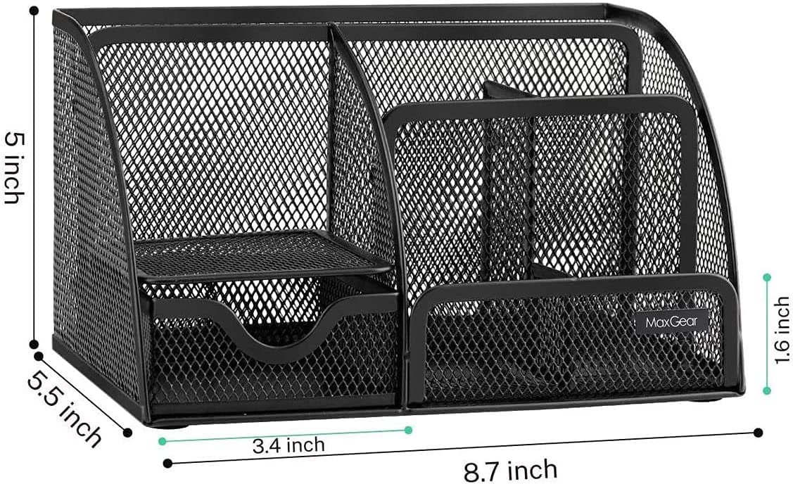 MaxGear Mesh Desk Organizer Office Desktop Organizer with Drawer, Metal Stationary Organizer Black Desk Caddy, 6 Compartments, 8.7 x 5.5 x 5 inch, 1 Pack