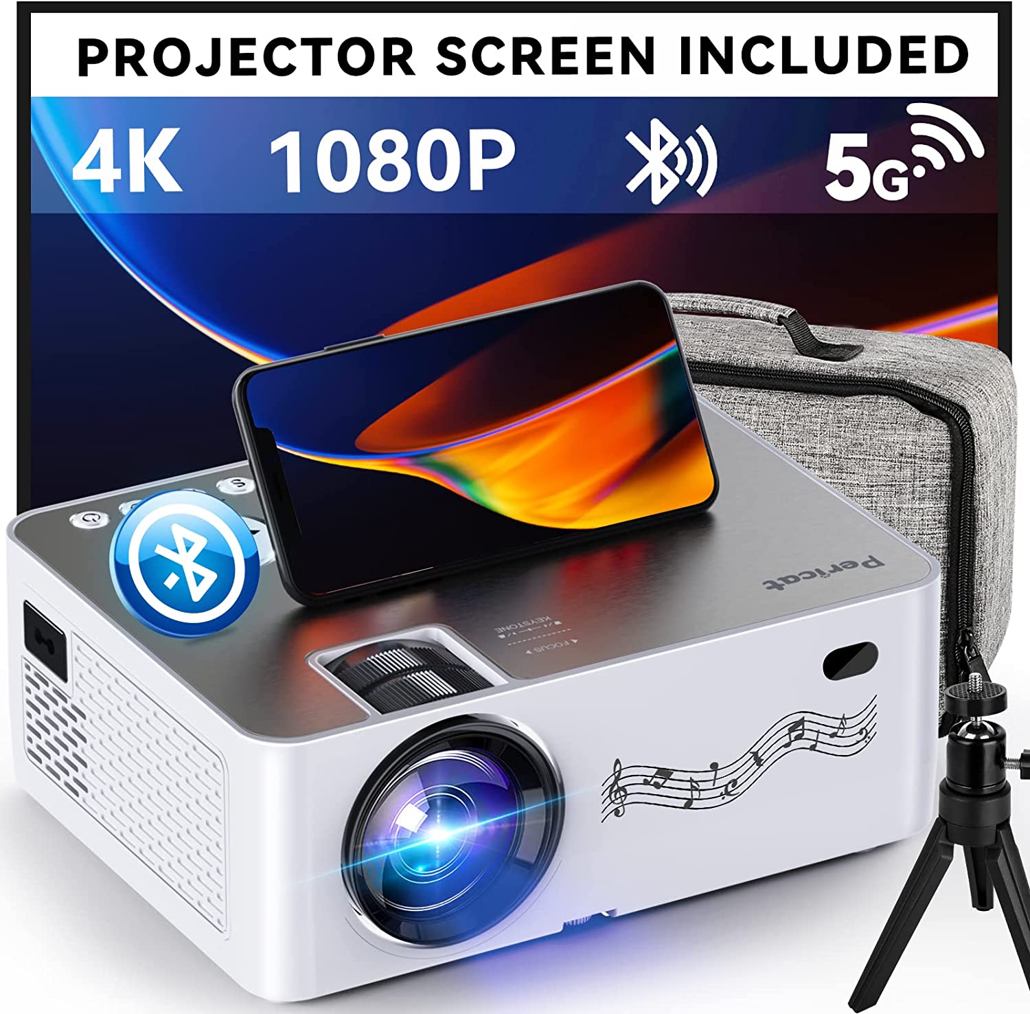 Projector with WiFi and Bluetooth, 5G WiFi, Native 1080P/12000L Video Projector with Screen, 4K Support Outdoor Projector, 350'' Display Phone Projector with Carry Bag for iPhone,TV Stick, Mac