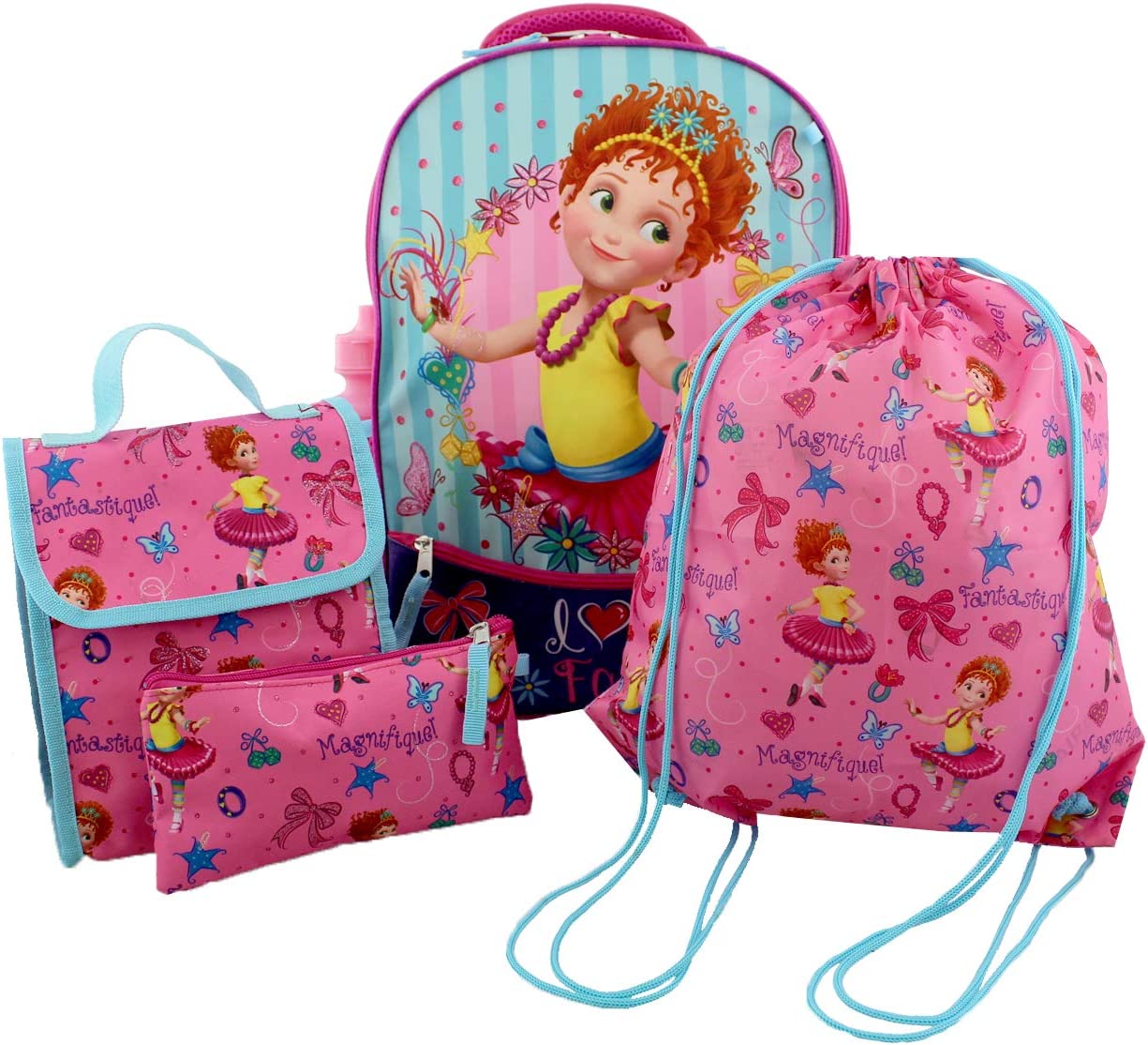 Fancy Nancy Girls 5 piece Backpack and Snack Bag School Set (One Size, Pink/Blue)
