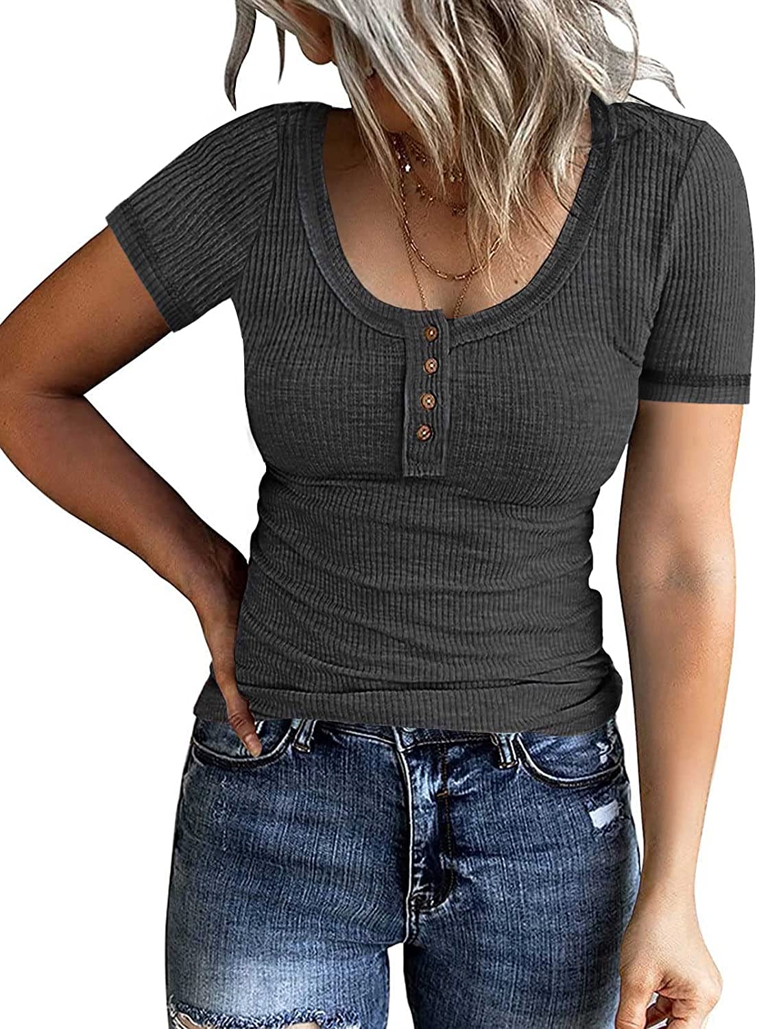 PIIRESO Women's Short Sleeve Button Scoop Neck Ribbed Shirts Summer Casual Solid Color Henley Top